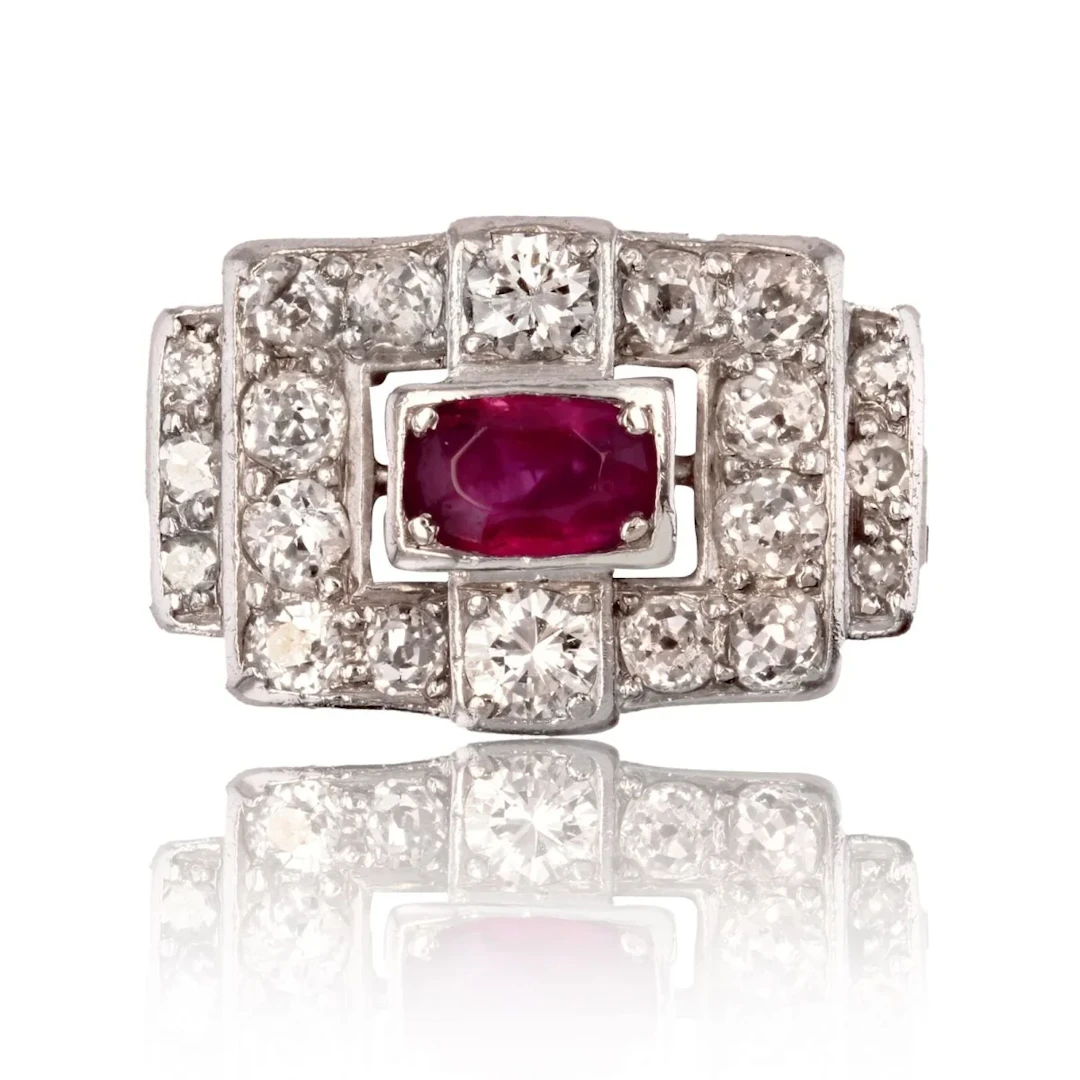 Pavé ring in platinum, rubies and diamonds