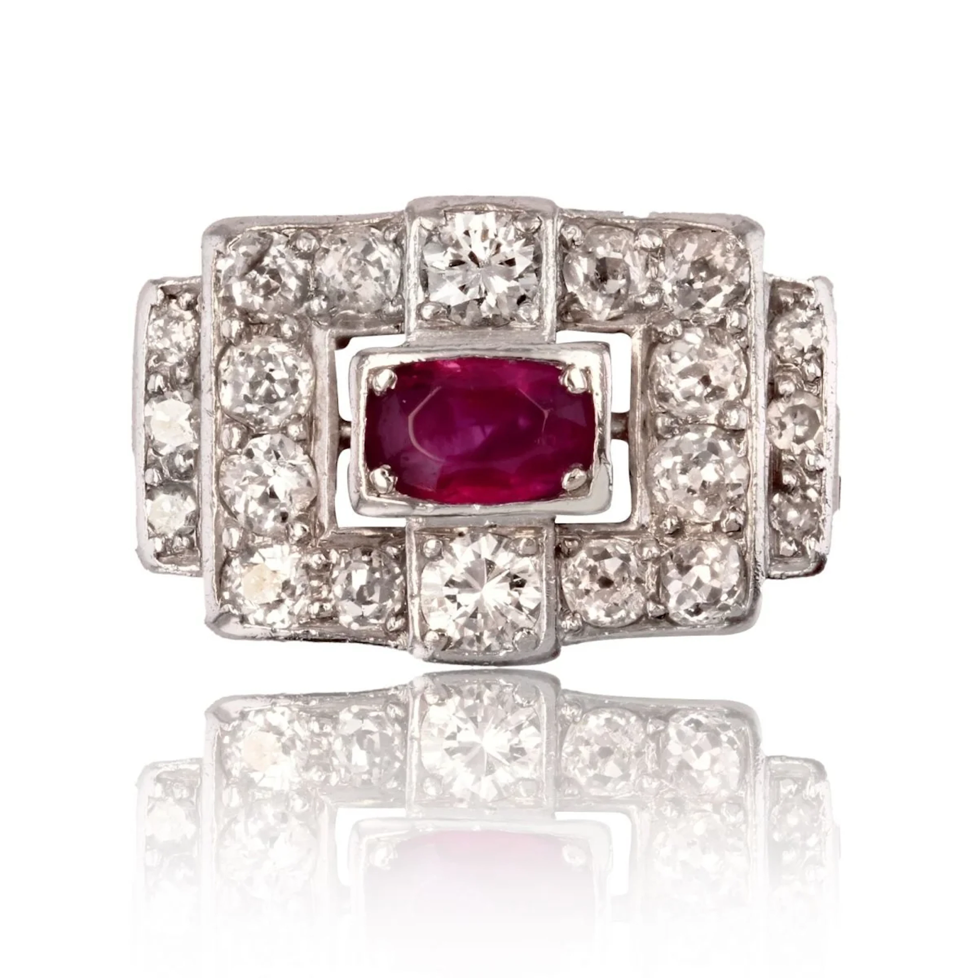 Pavé ring in platinum, rubies and diamonds