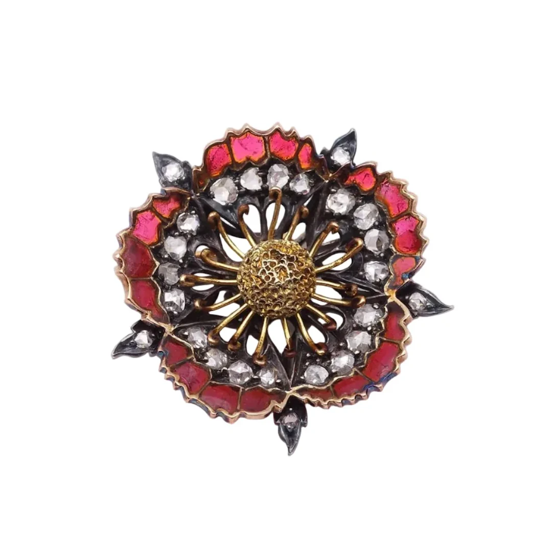 Brooch made of yellow gold, silver, Enamel, and diamonds.