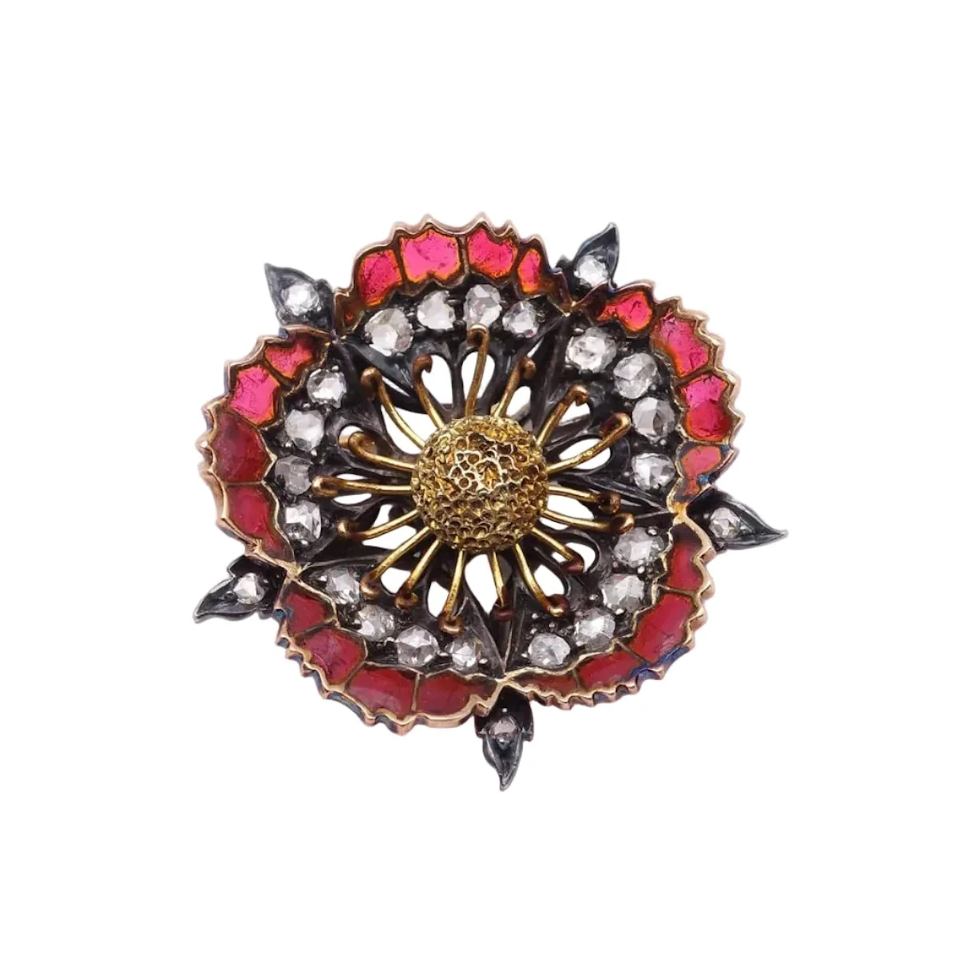 Brooch made of yellow gold, silver, Enamel, and diamonds.