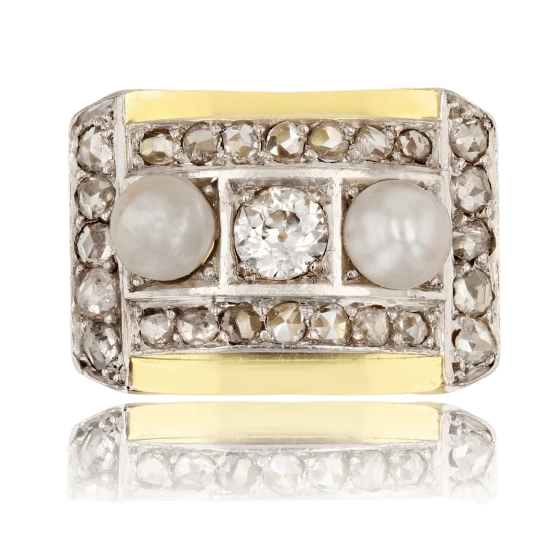Tank ring in yellow gold, platinum, pearls and diamonds