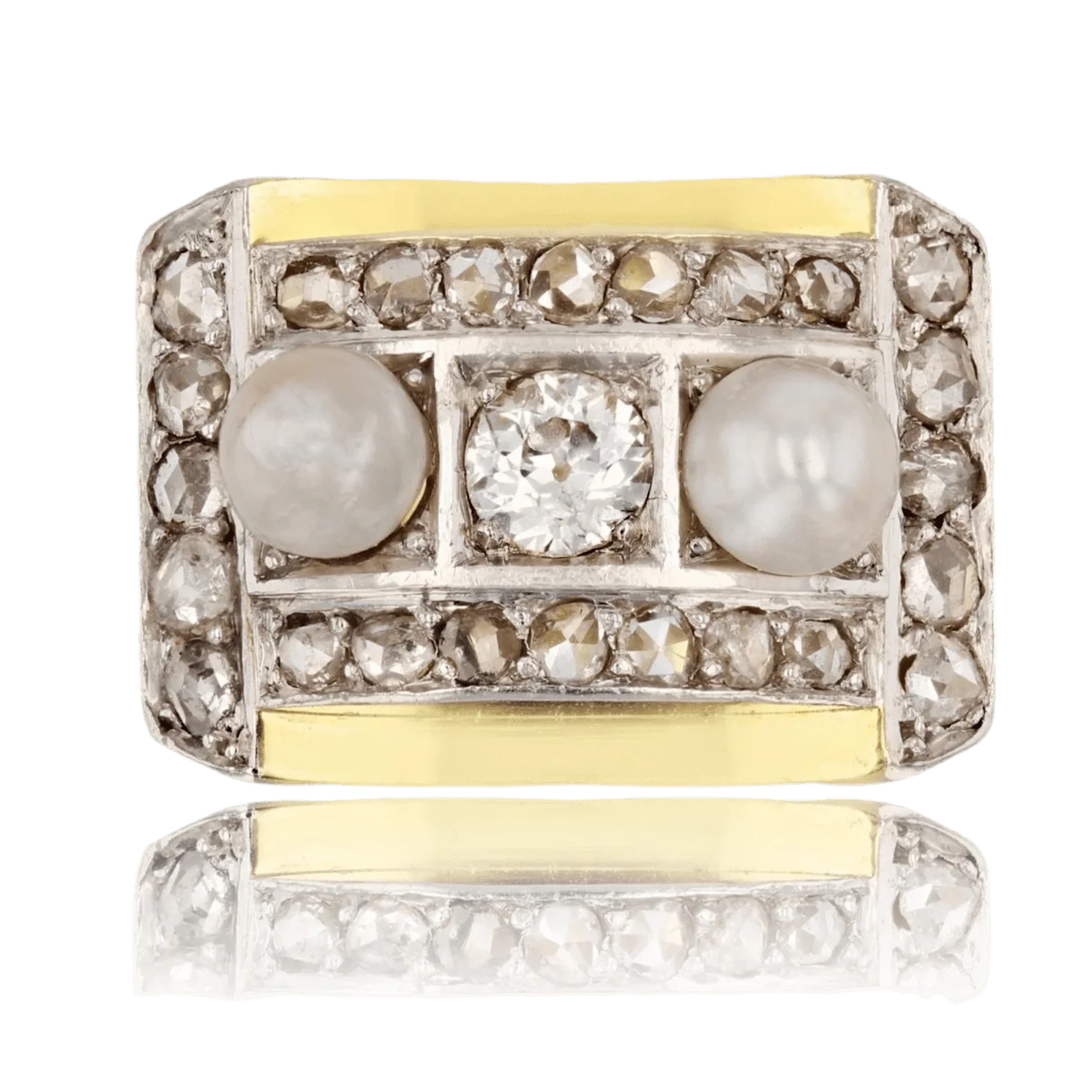 Tank ring in yellow gold, platinum, pearls and diamonds