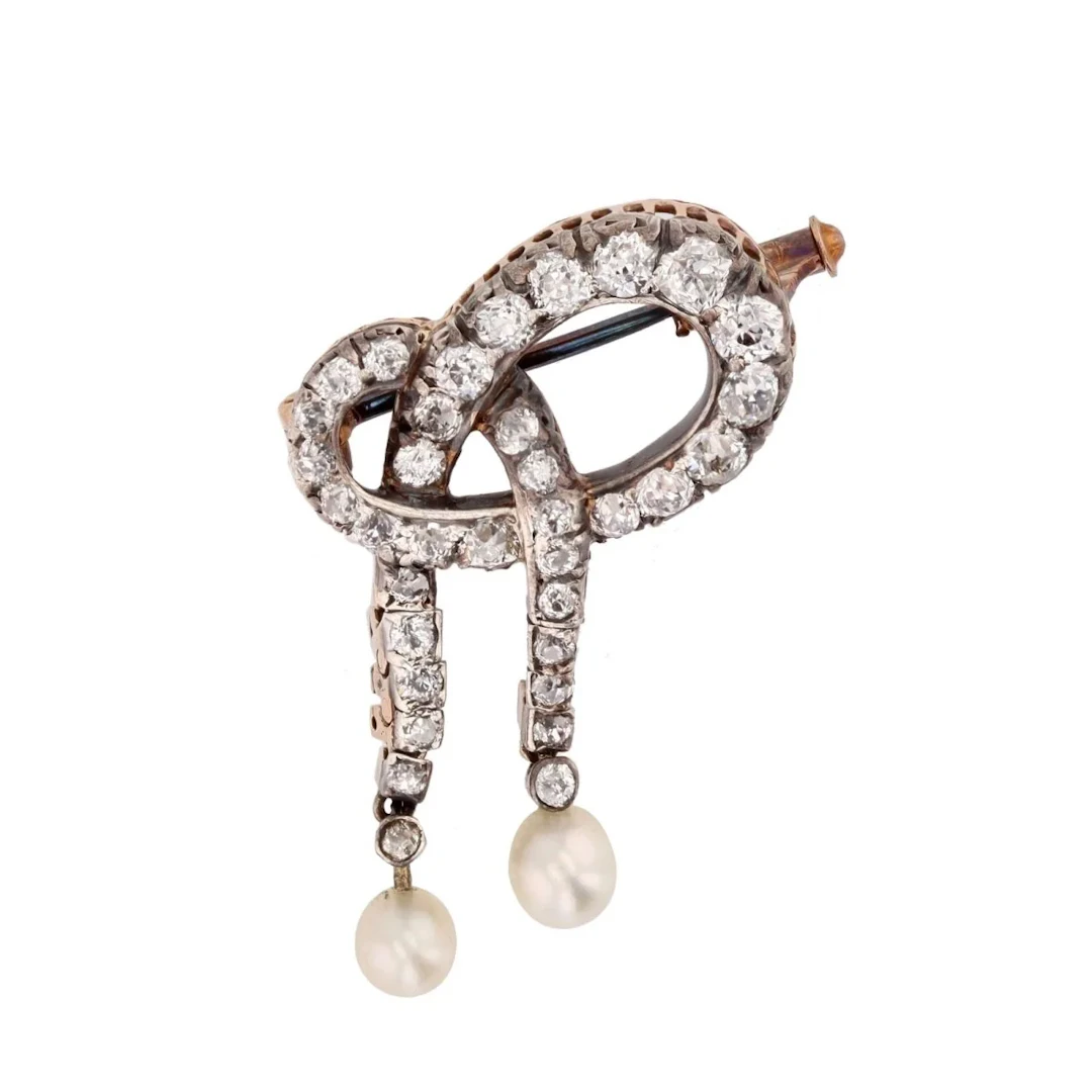 Rose gold, silver, pearl and diamond brooch pin
