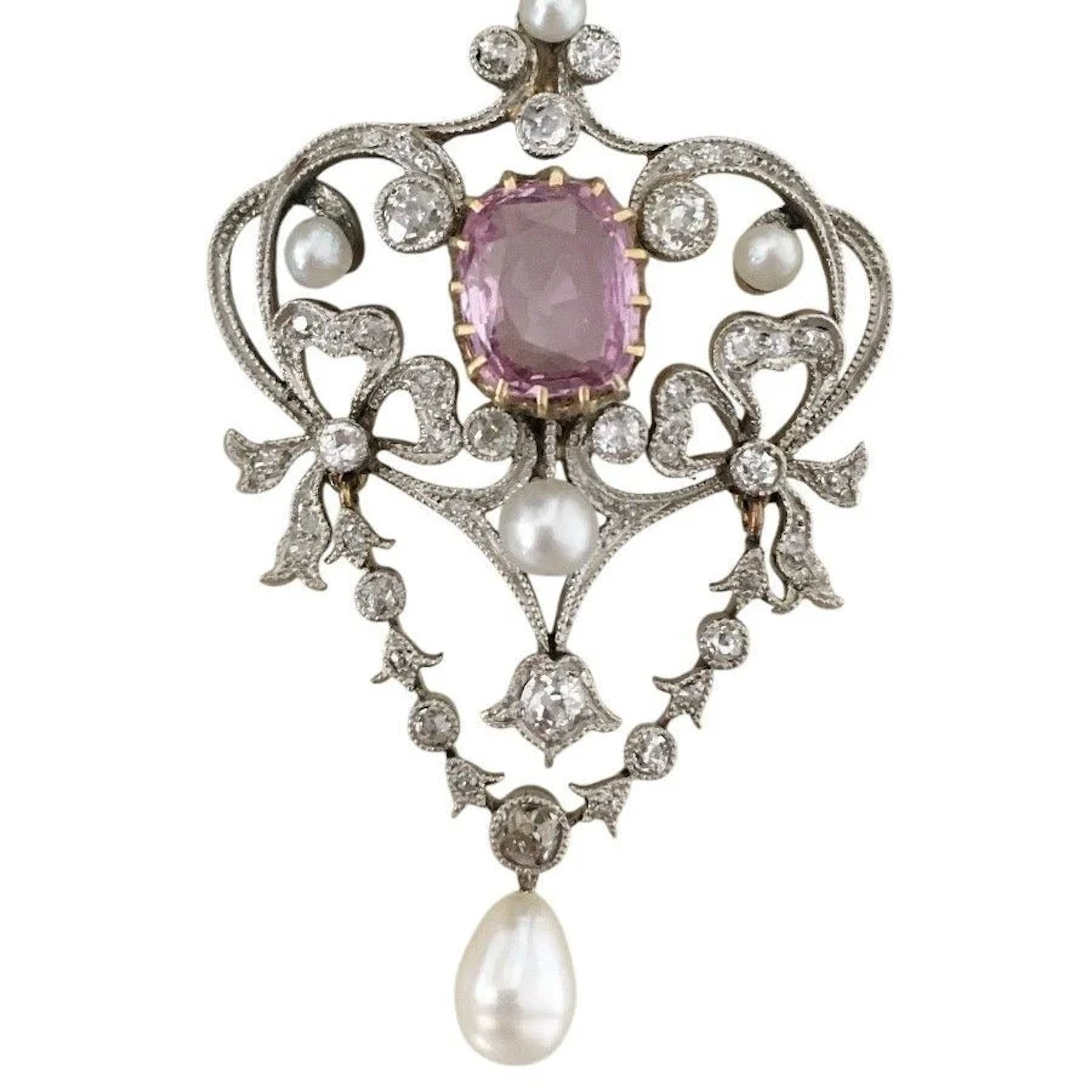Pendant in yellow gold, paltinium, pearl, sapphire and diamonds