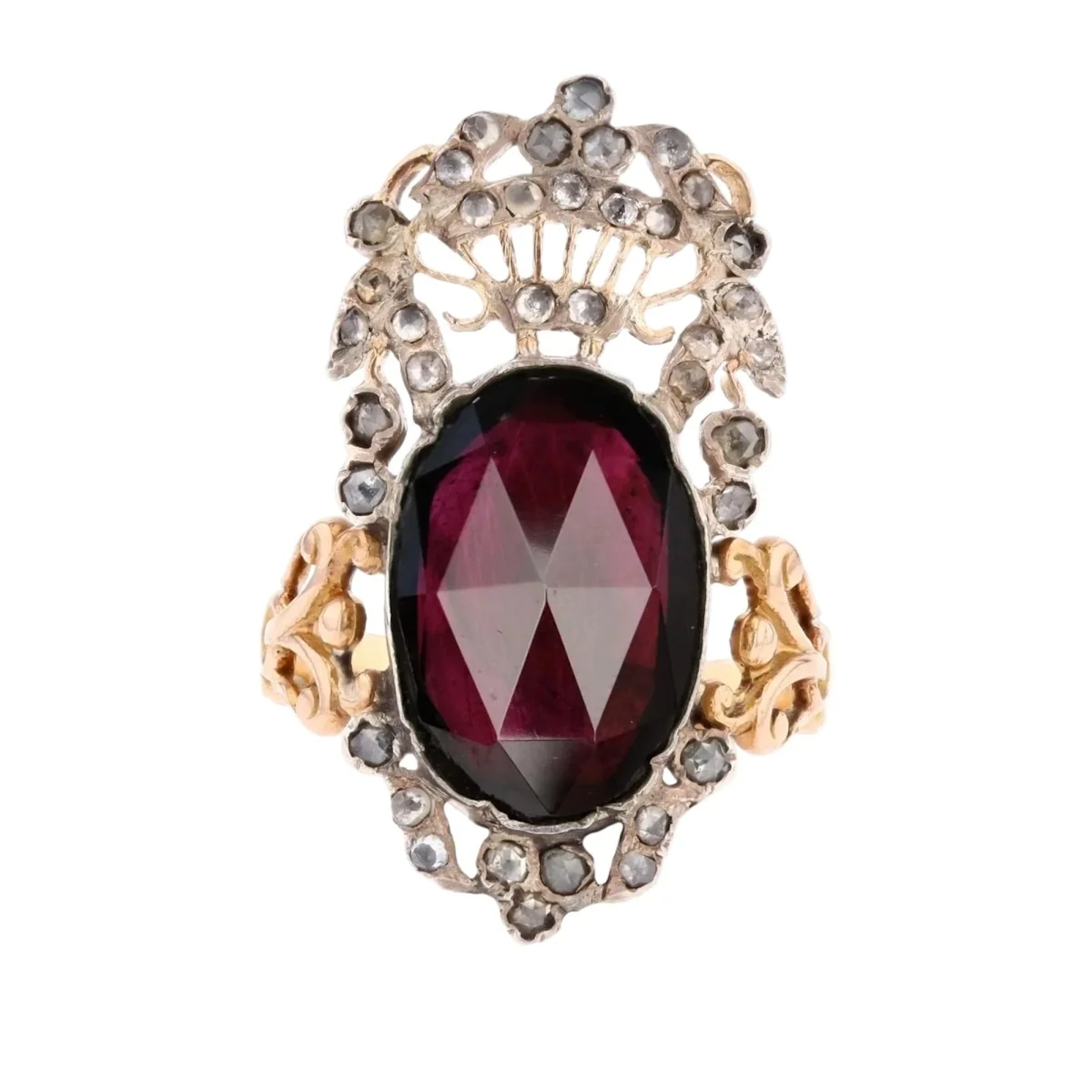Ring Cocktail in rose gold, silver, garnet and diamonds