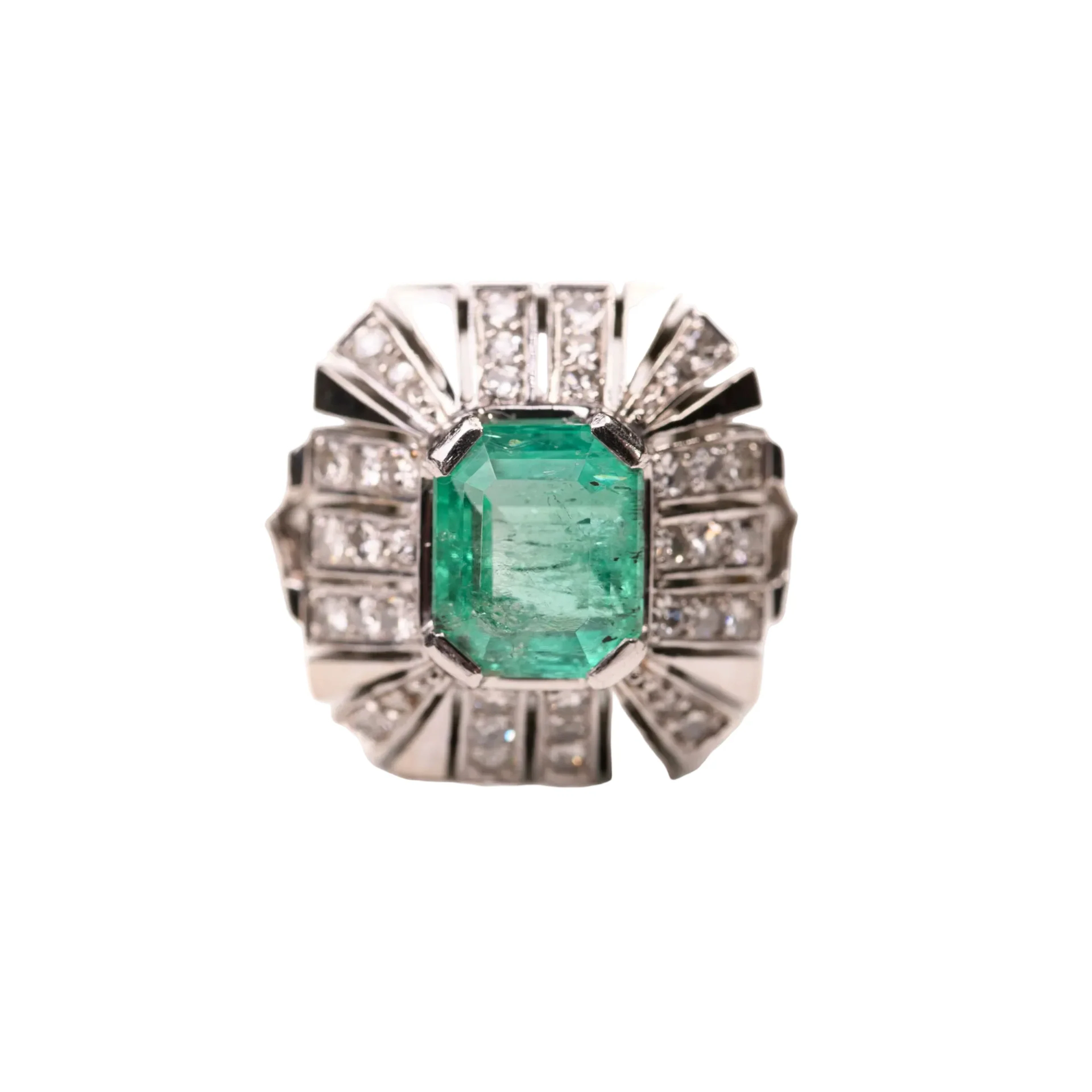 Ring Colombian emerald Art Deco style in white gold and paltinium