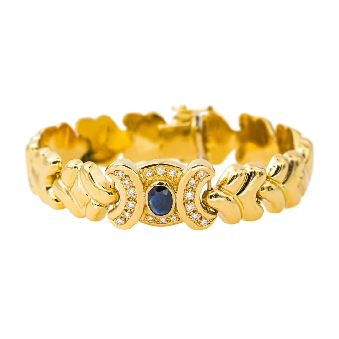 Yellow gold, sapphire, and diamond mesh bracelet