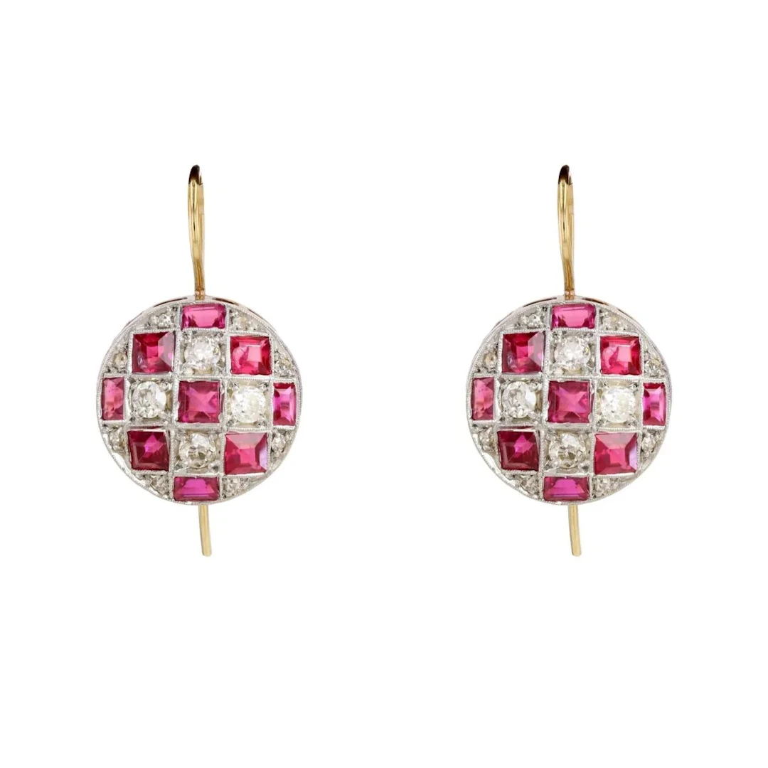 Earrings in yellow gold, Platinum, Rubies, and Diamonds
