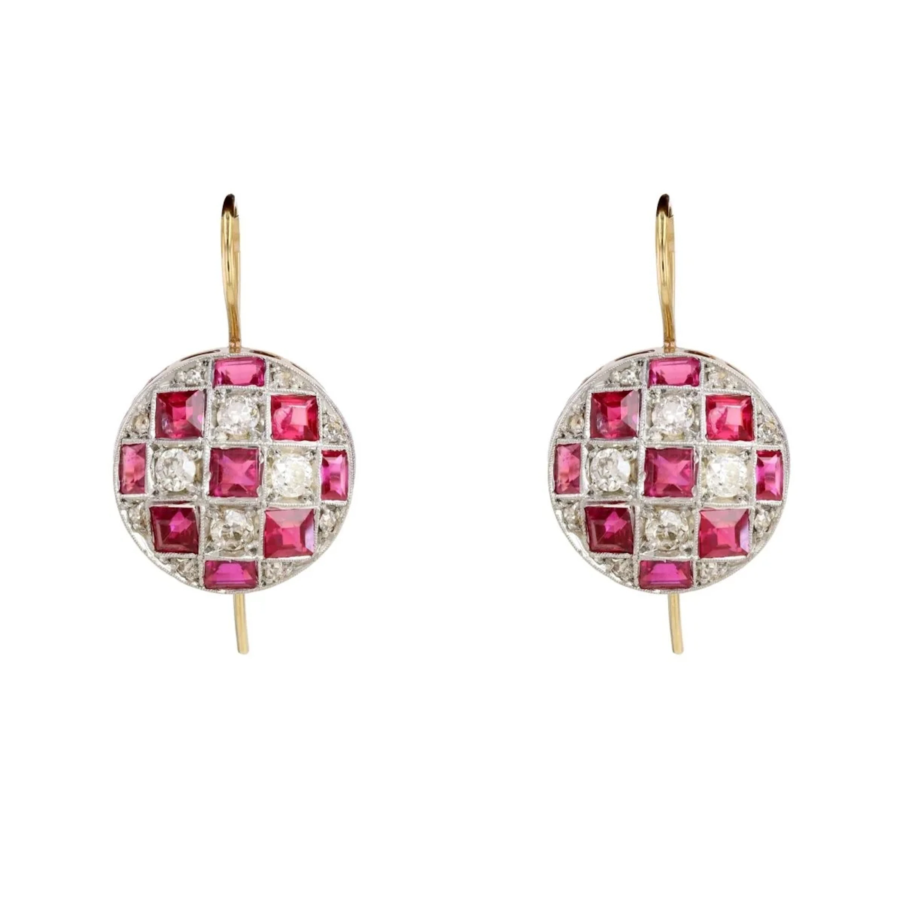 Earrings in yellow gold, Platinum, Rubies, and Diamonds
