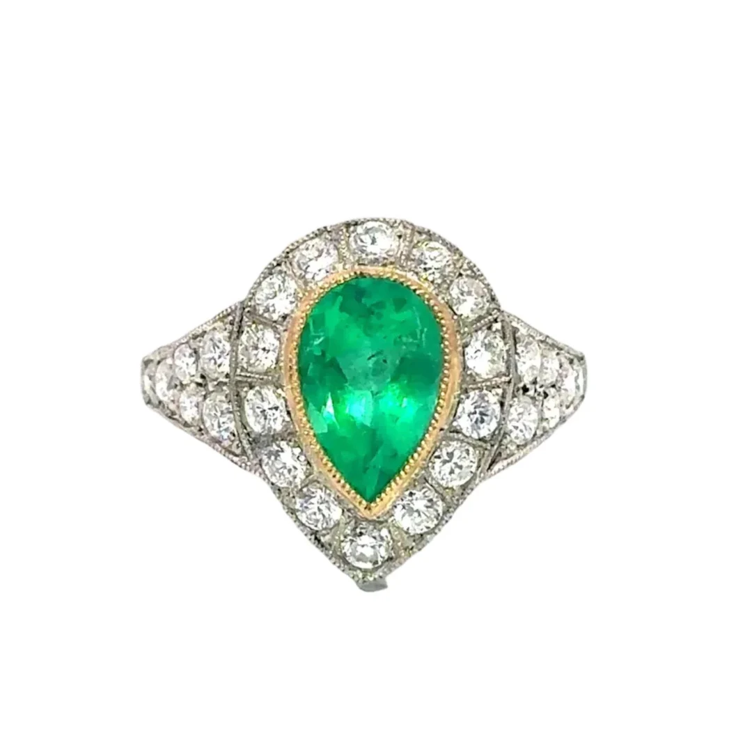 Cocktail Ring in Yellow Gold, Platinum, Emerald, and Diamonds