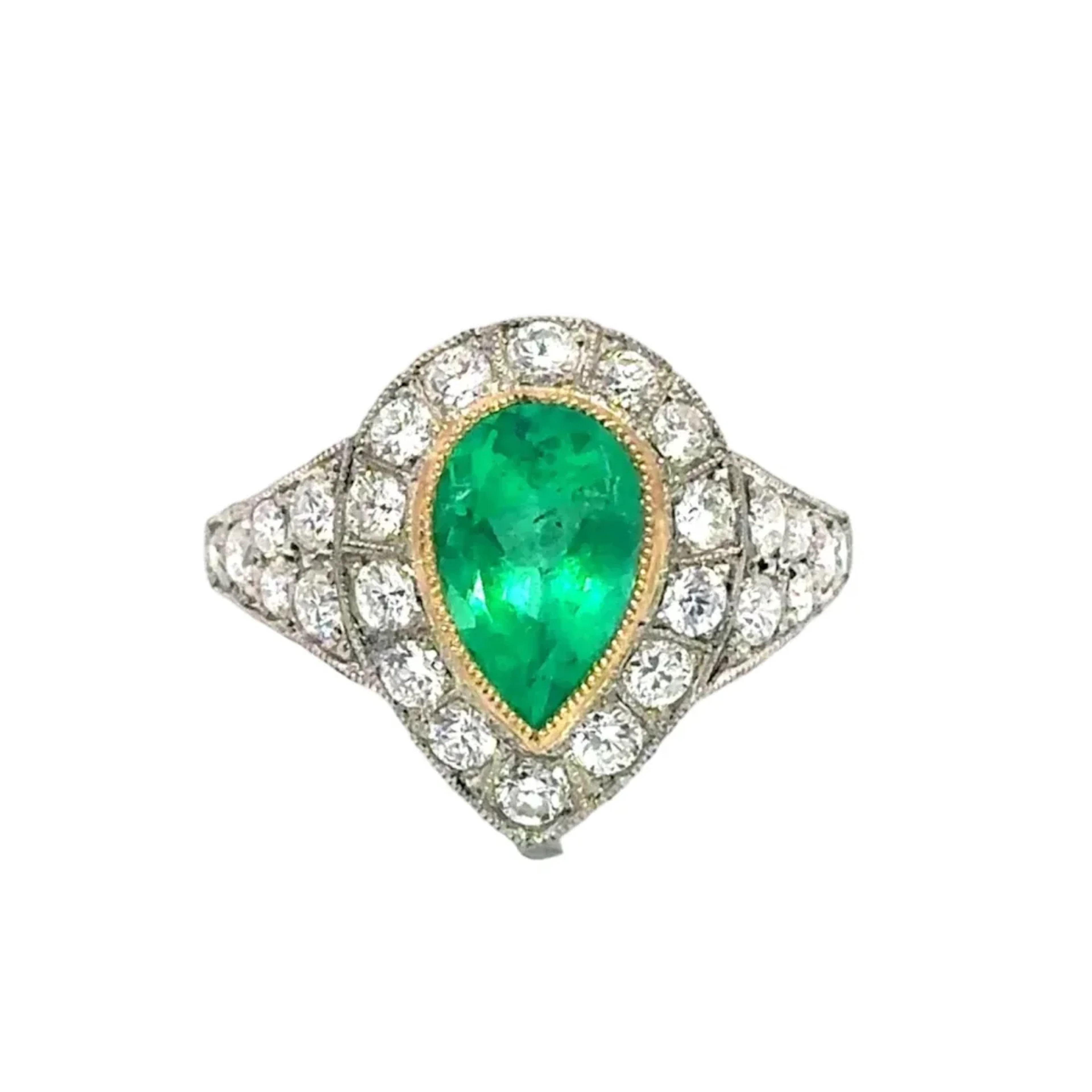 Cocktail Ring in Yellow Gold, Platinum, Emerald, and Diamonds
