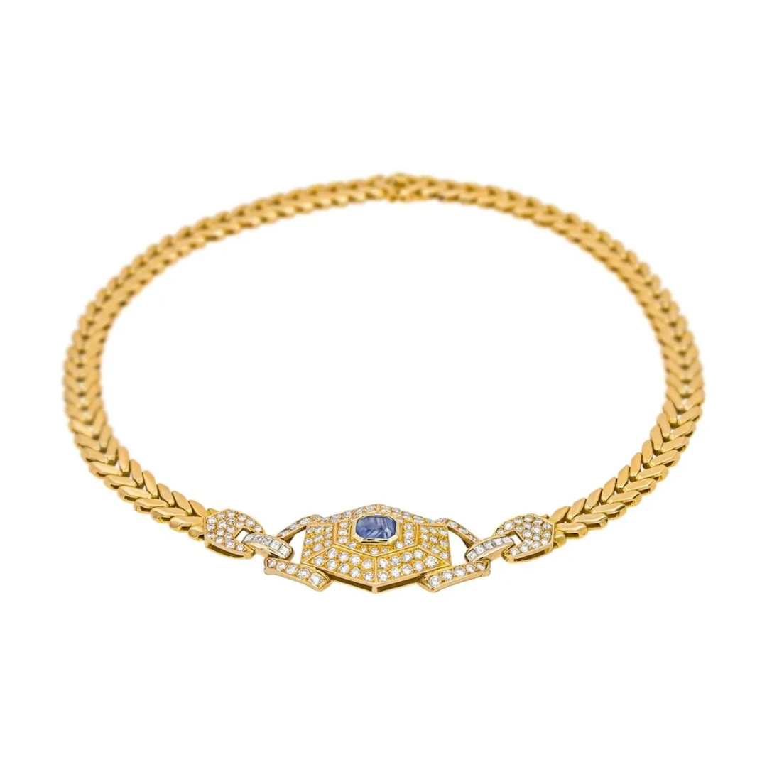 Yellow gold, sapphire and diamond mesh necklace
