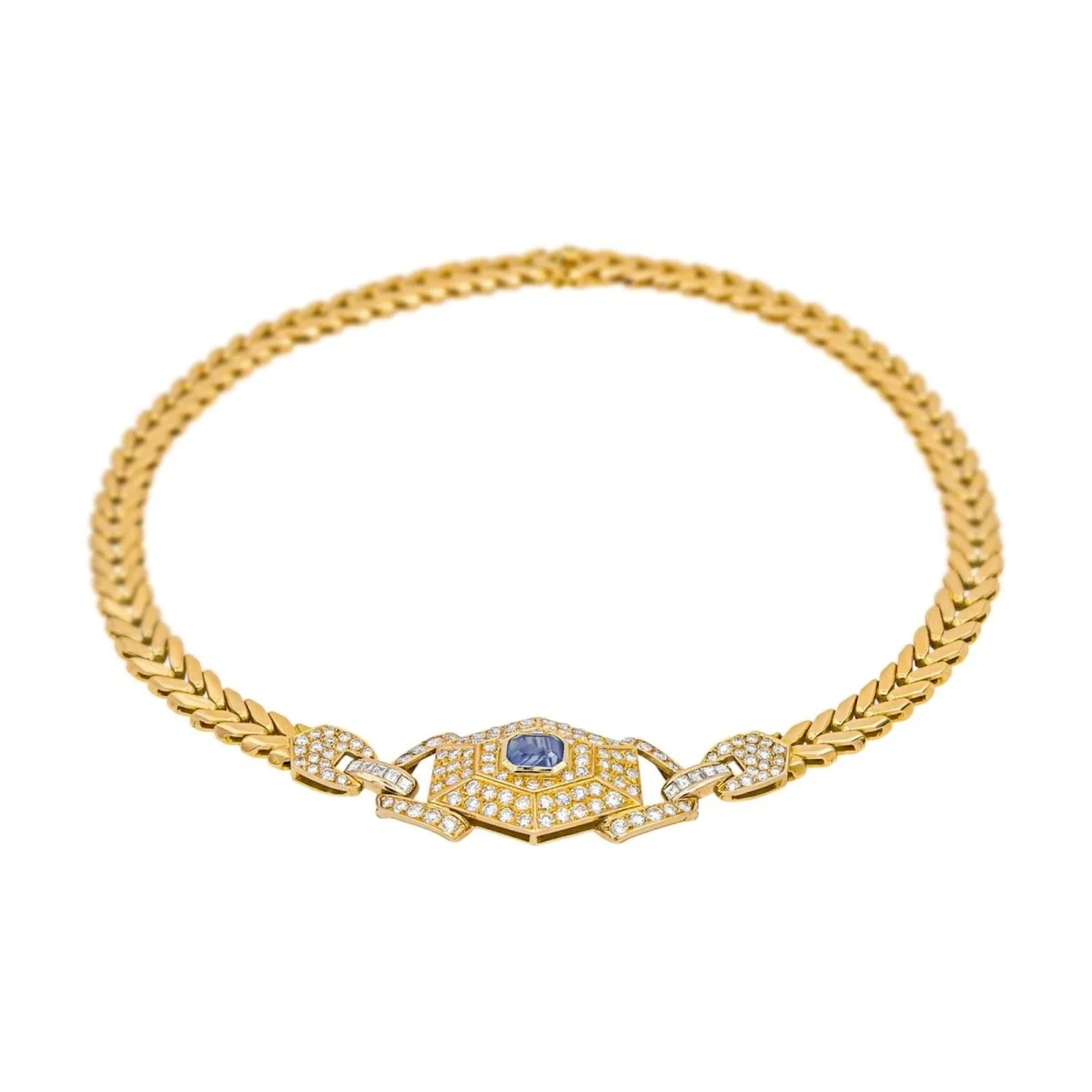 Yellow gold, sapphire and diamond mesh necklace