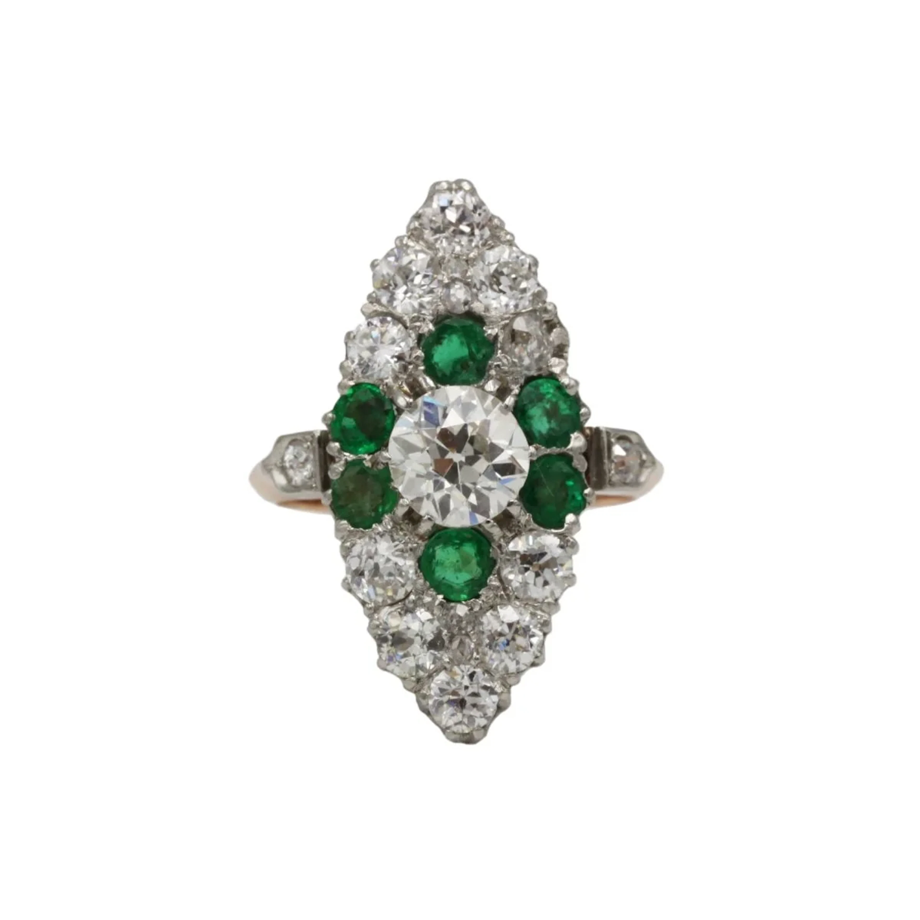 Ring marquise art deco in gold 750 diamonds antique cuts and emeralds