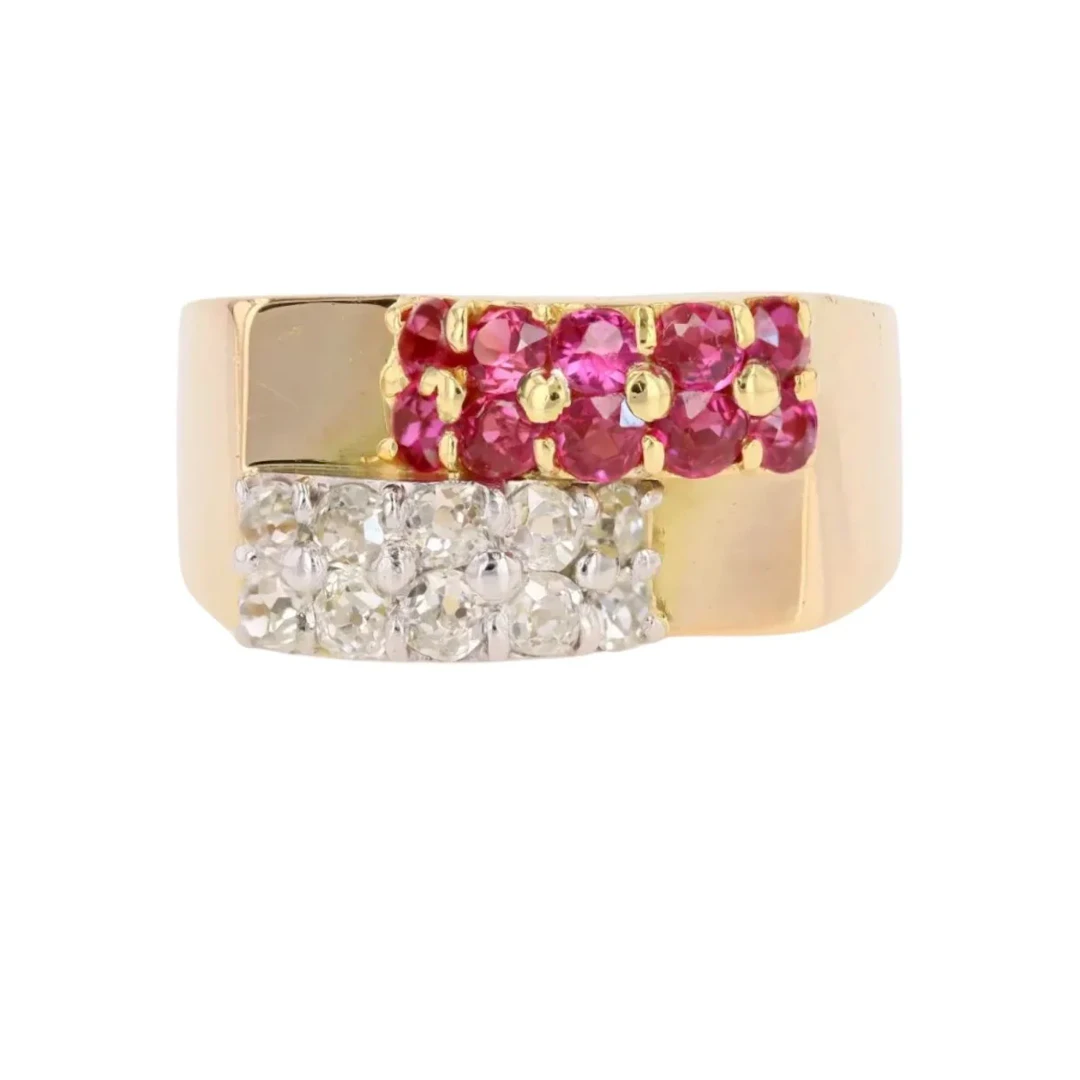 Ring Tank in yellow gold, paltinium, ruby and diamonds.