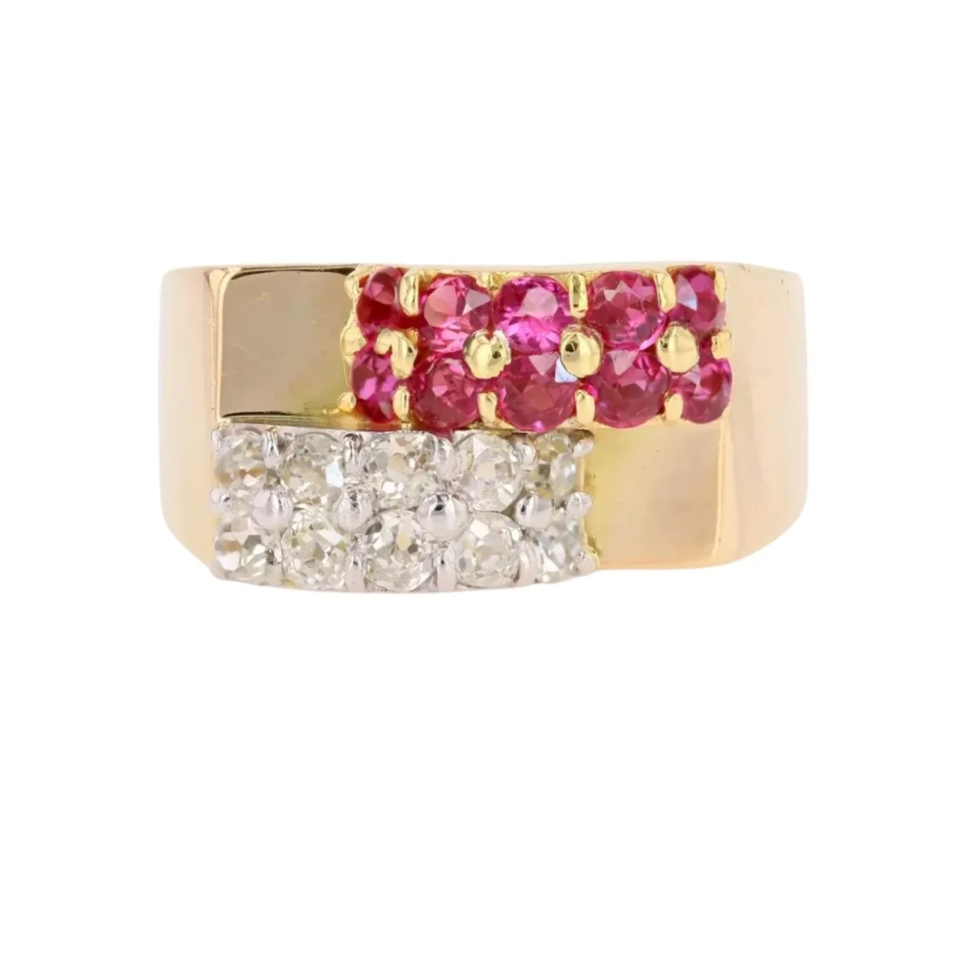 Ring Tank in yellow gold, paltinium, ruby and diamonds.