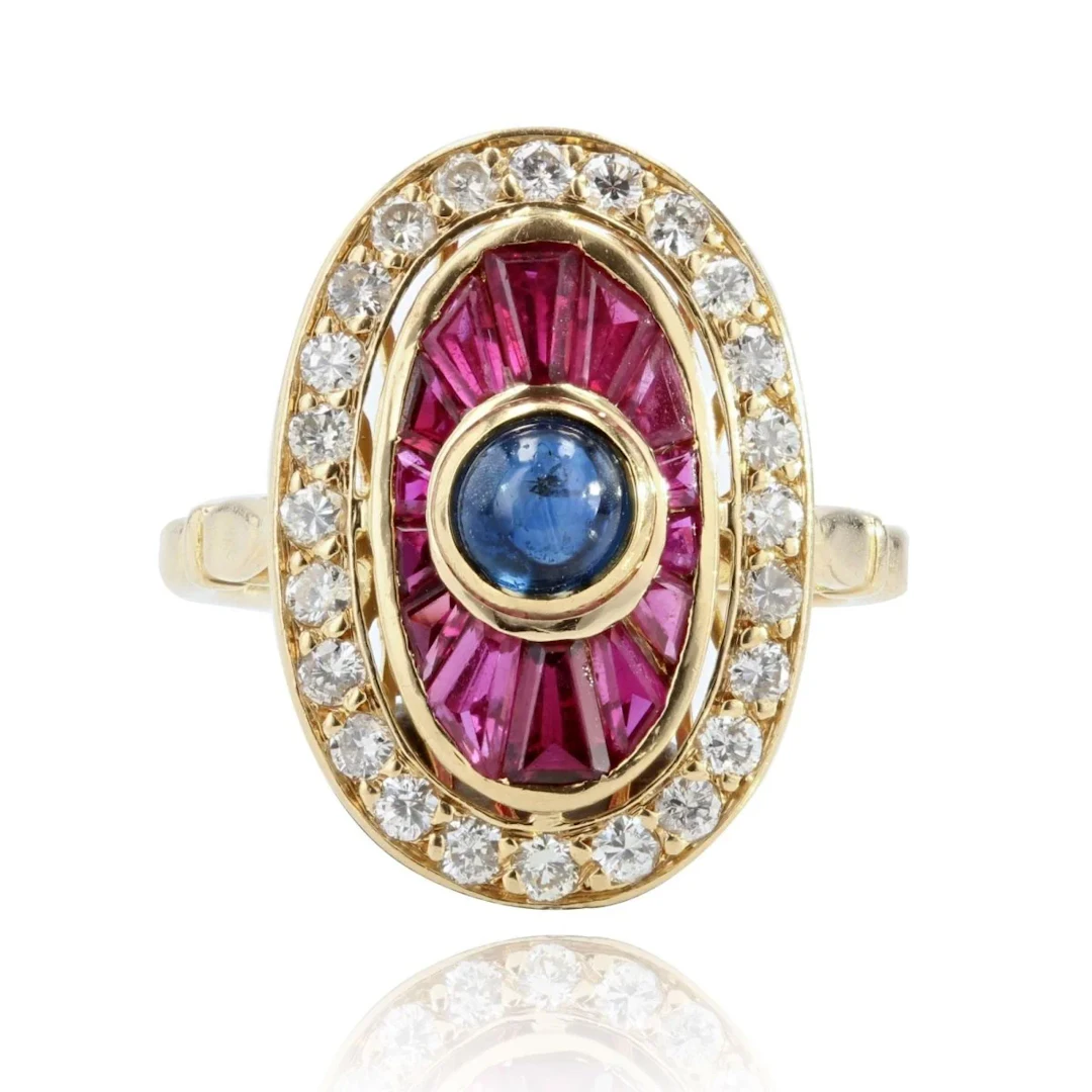 Marquise ring in yellow gold, rubies, sapphires, rubies and diamonds