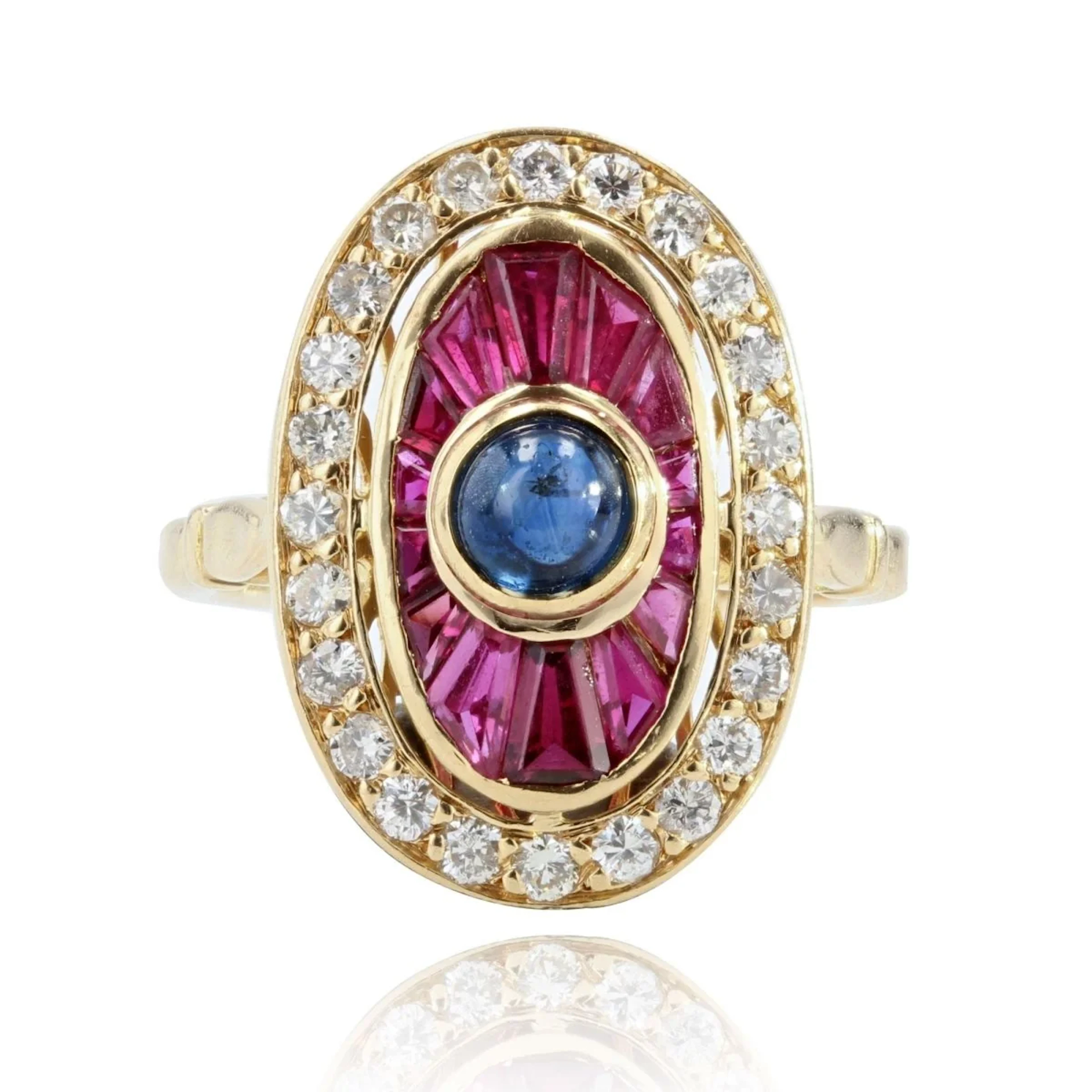 Marquise ring in yellow gold, rubies, sapphires, rubies and diamonds