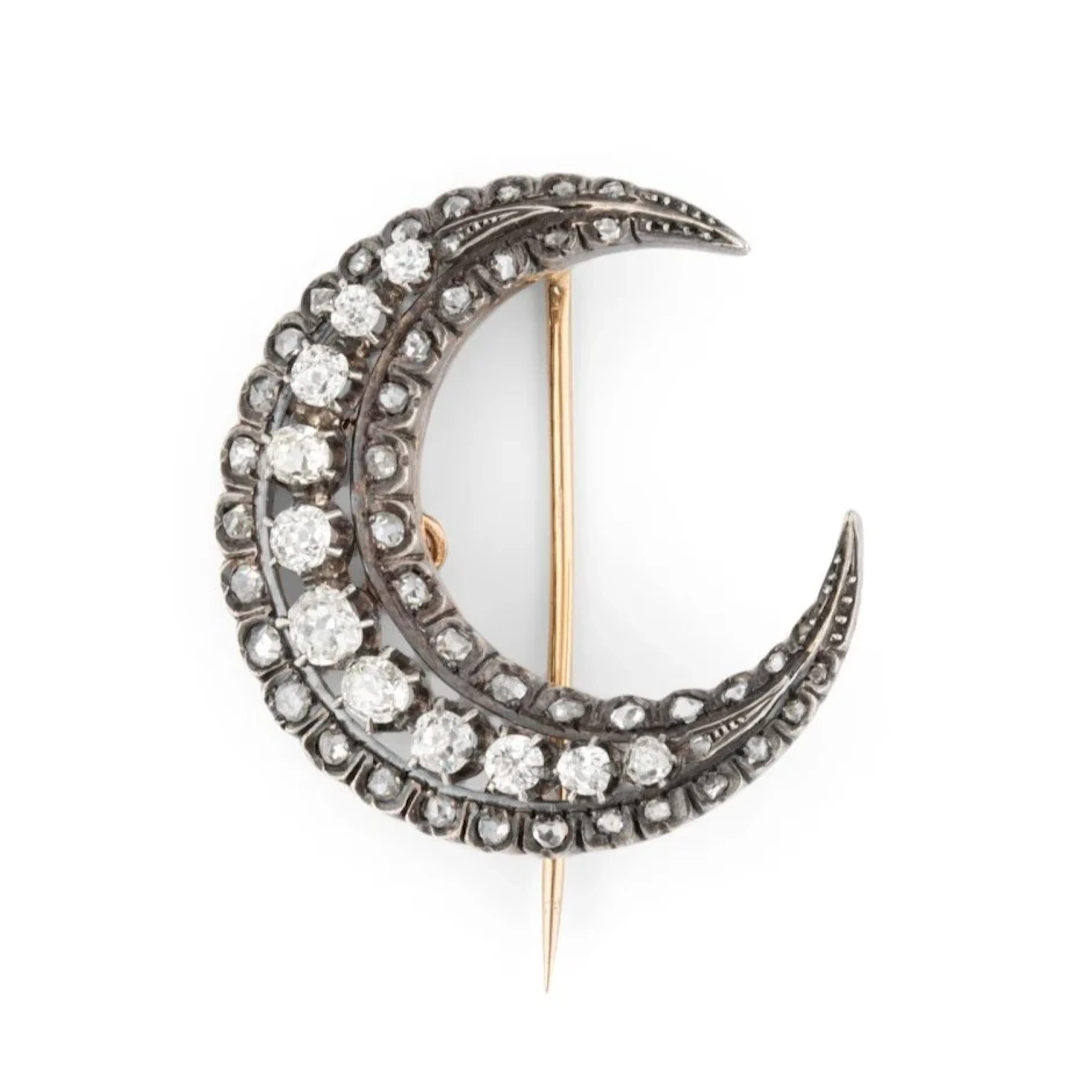 Moon Pin brooch in yellow gold, silver and diamonds