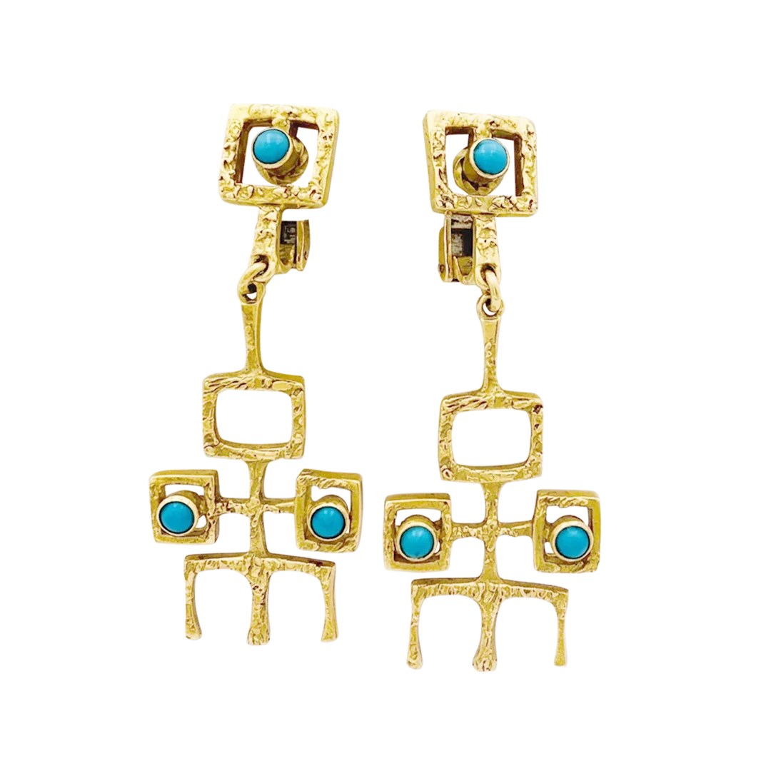 Boucles d'oreilles Pendantes en or jaune et turquoises