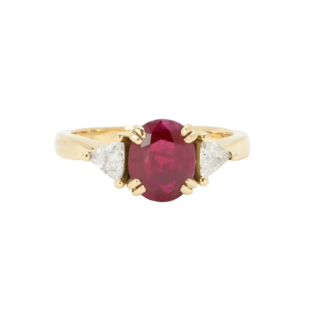 Trilogy Ring in Yellow Gold, Rubies, and Diamonds