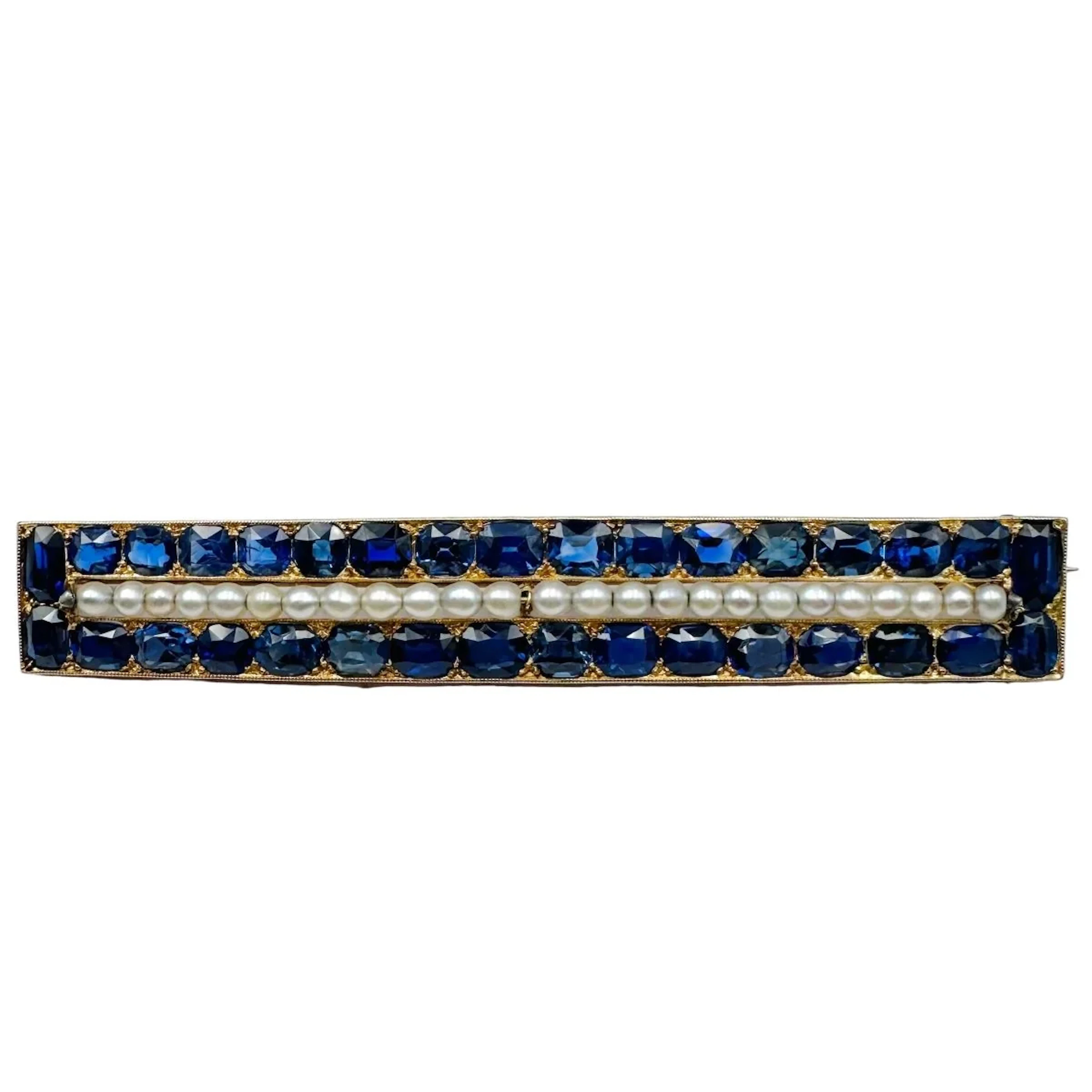 Yellow Gold Brooch with Pearls and Sapphires