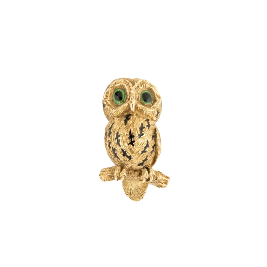 HERMÈS Owl clip brooch in yellow gold and enamel