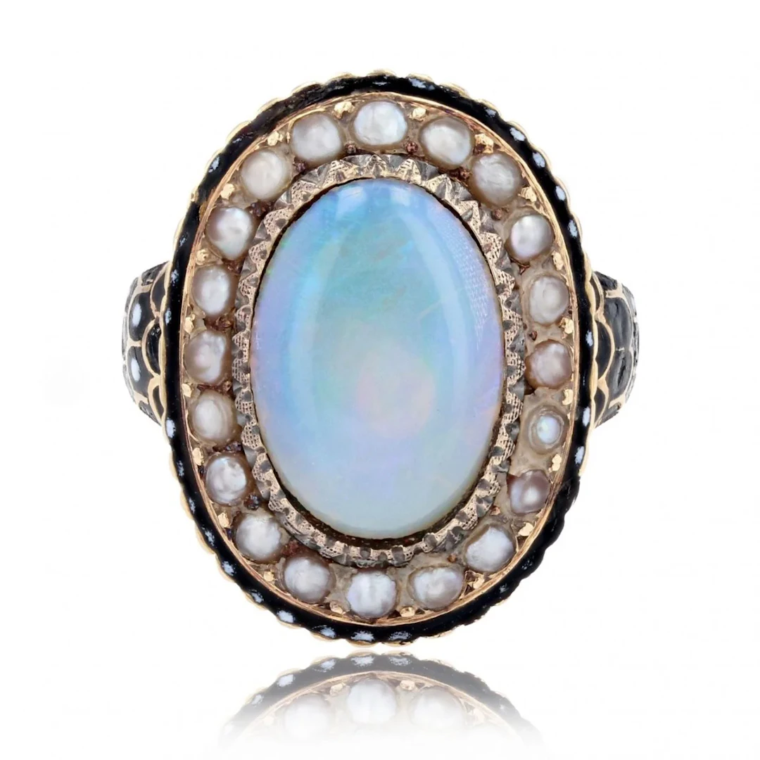 Ring Marquise en yellow gold, opal, pearls and enamel