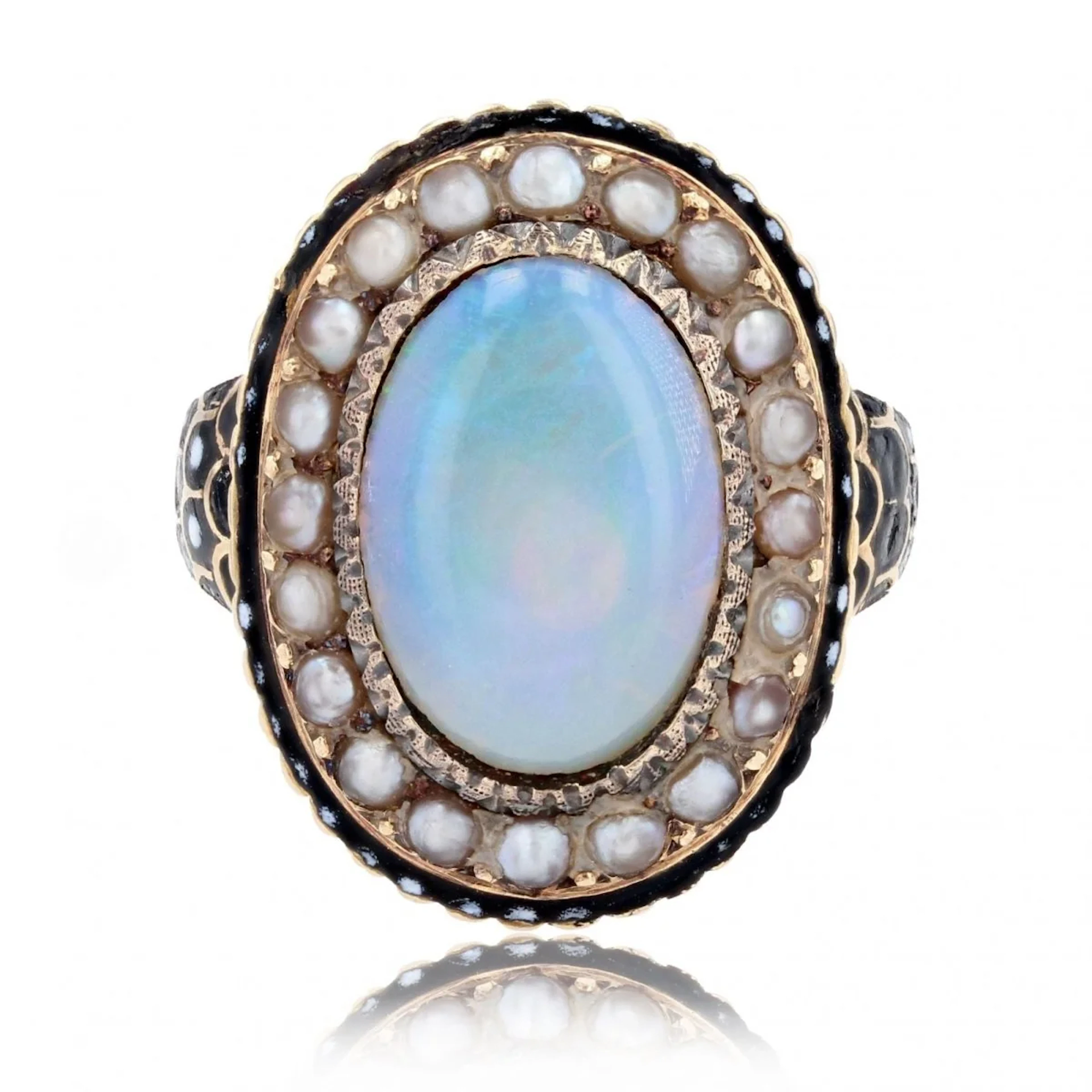 Ring Marquise en yellow gold, opal, pearls and enamel
