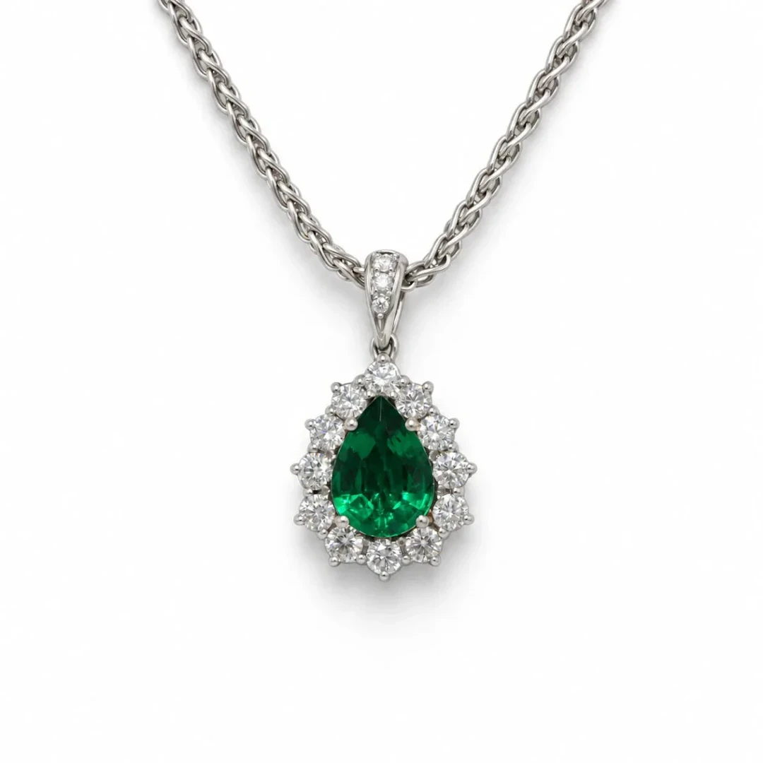 White Gold Necklace with Emerald and Diamond Pendant