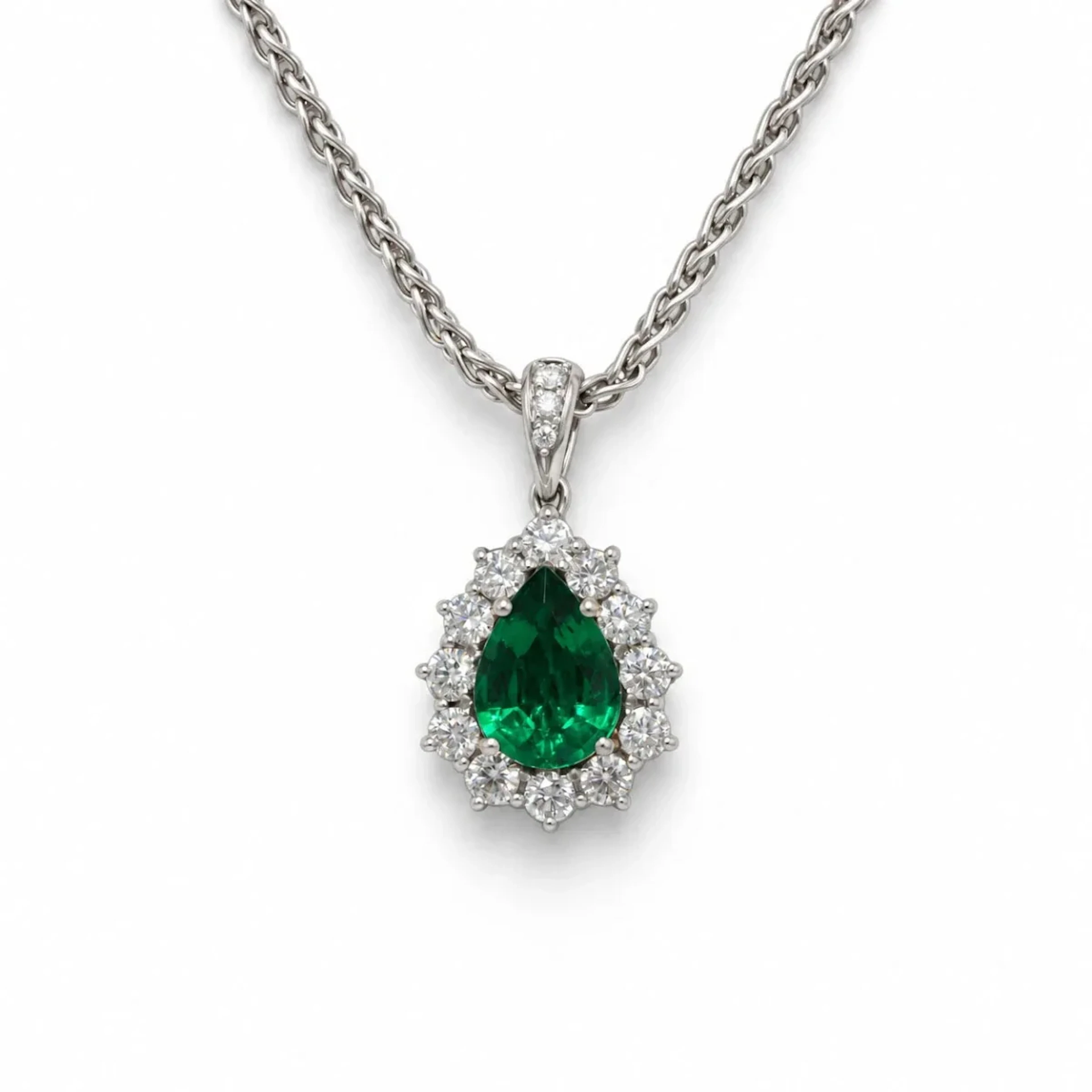 White Gold Necklace with Emerald and Diamond Pendant