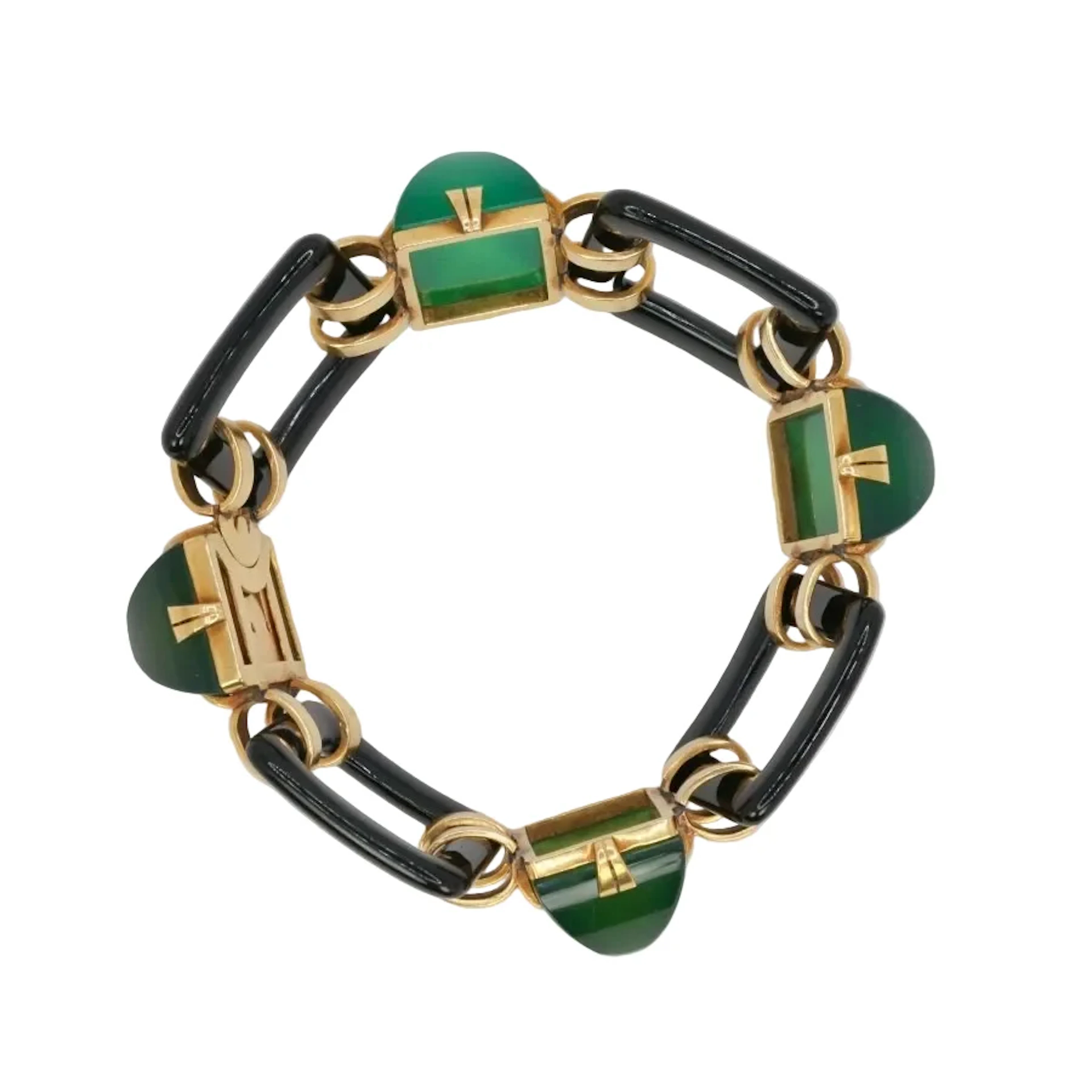 Yellow Gold Link Bracelet with Onyx and Chrysoprase