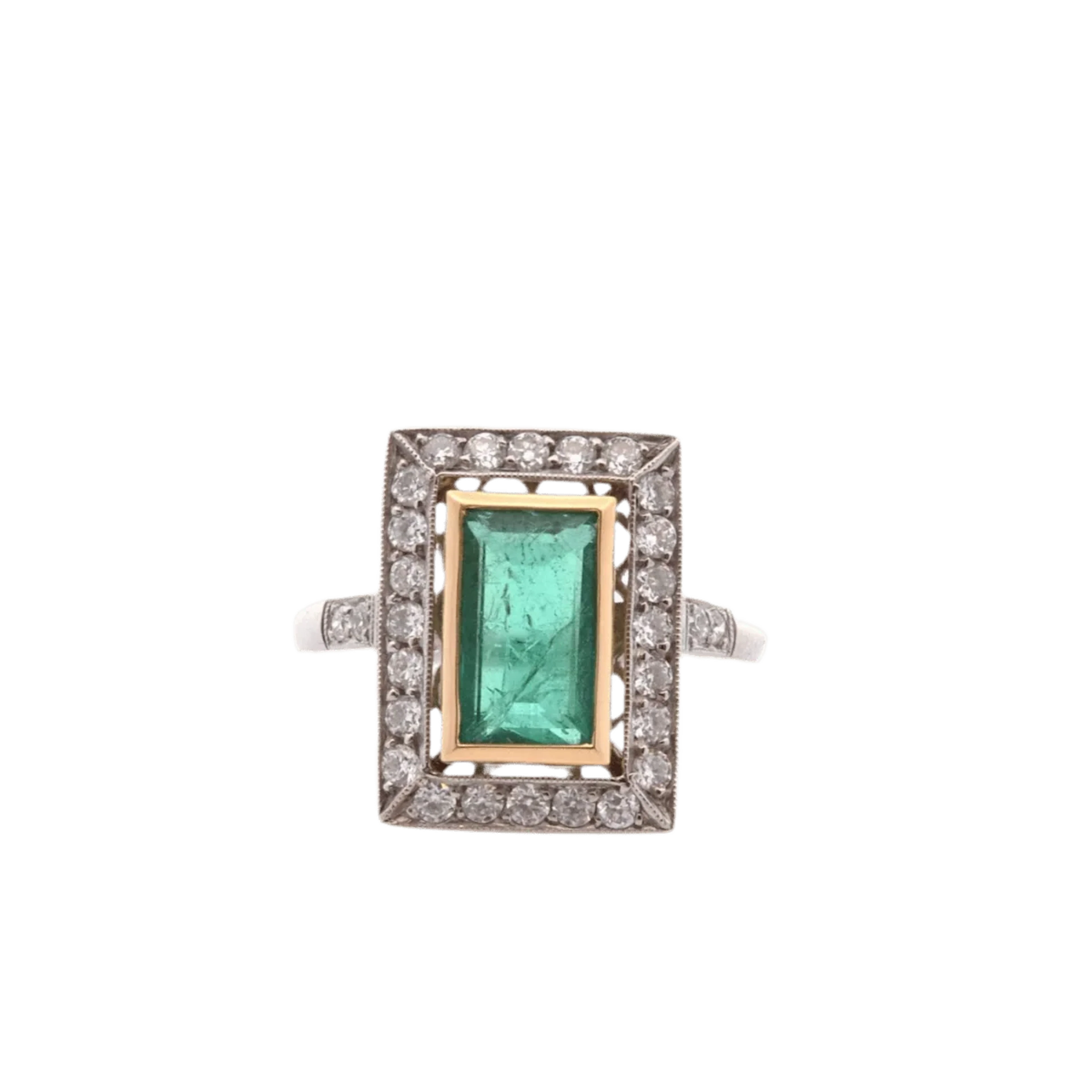 Entourage ring in yellow gold, platinum, emerald and diamonds