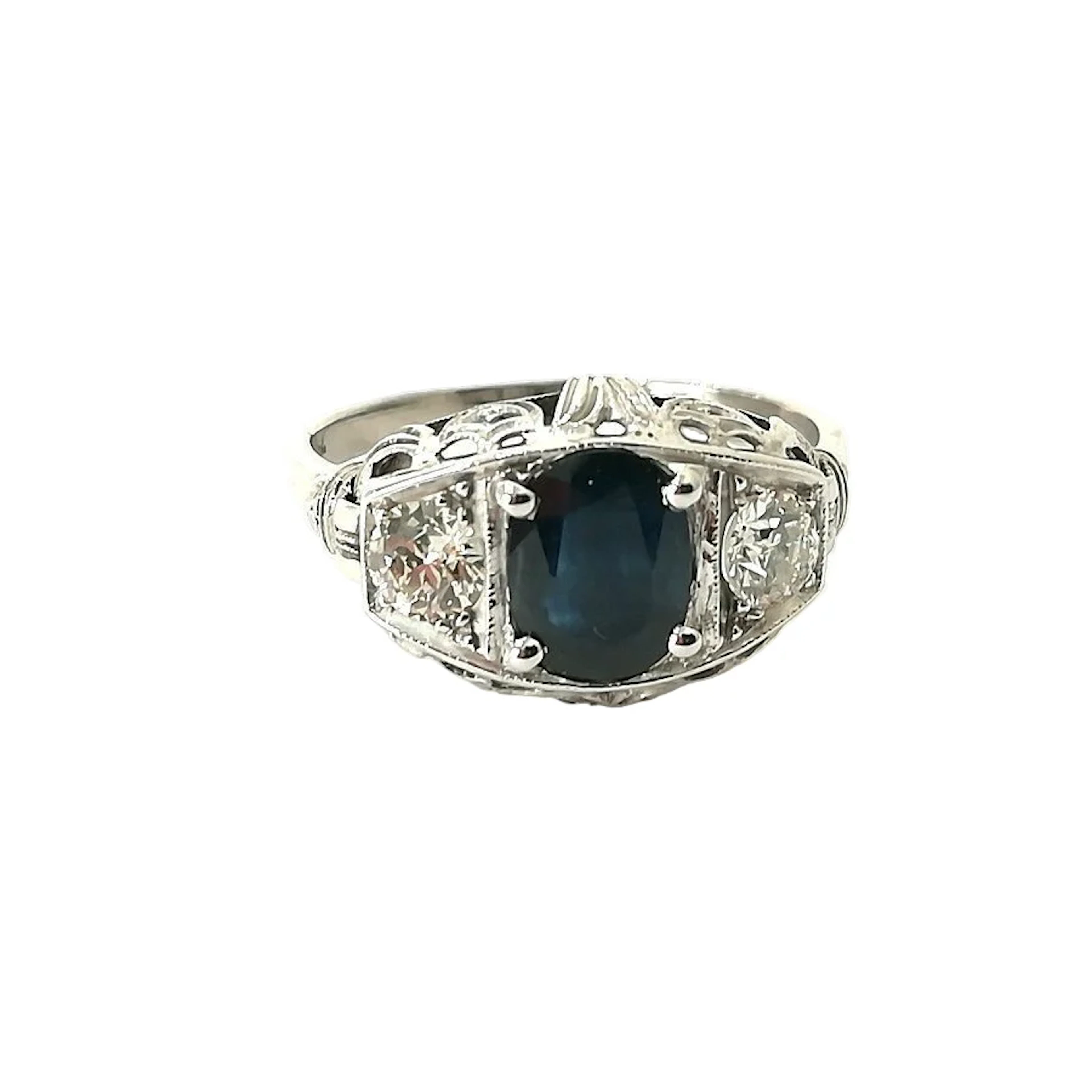 Art Deco-style Garter Ring in white gold, platinum, sapphire, and diamonds