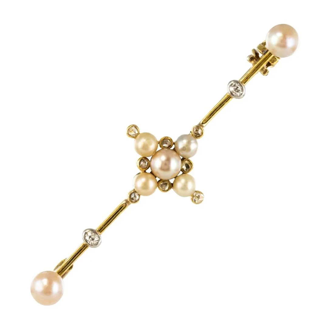 Yellow Gold Brooch with Pearls and Diamonds