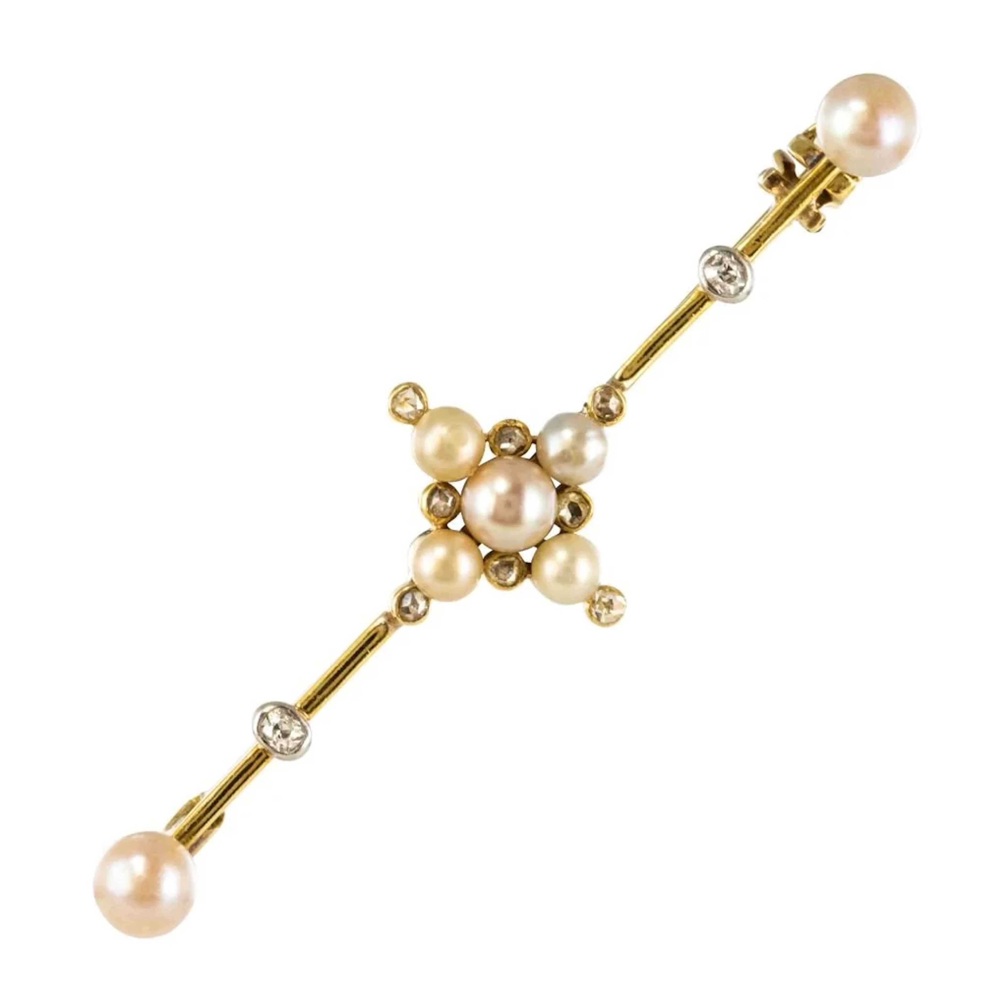 Yellow Gold Brooch with Pearls and Diamonds