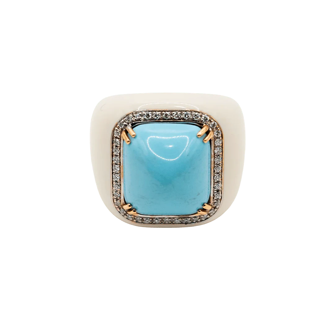 Signet ring in yellow gold, turquoise and diamonds