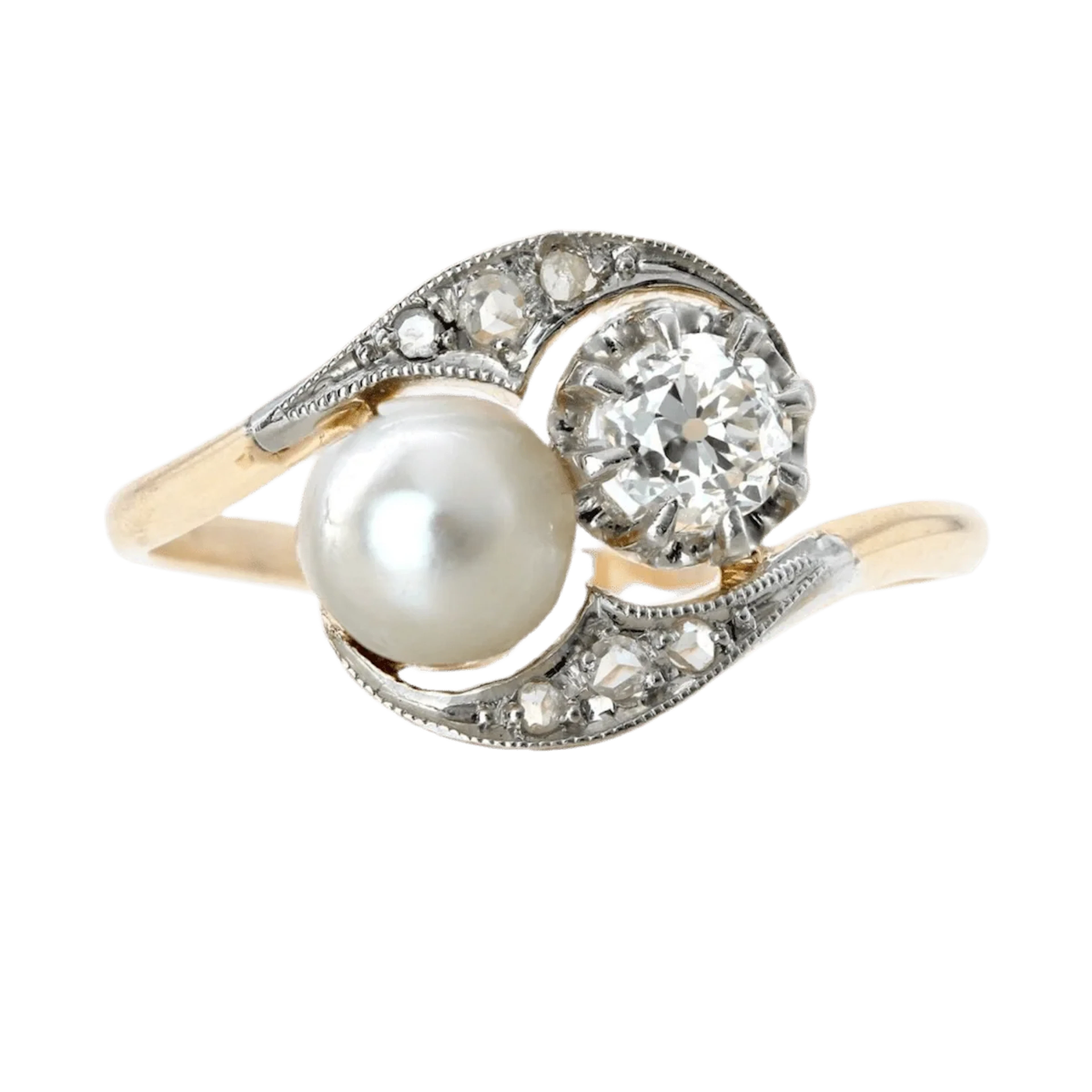 Toi & Moi ring in yellow gold, platinum, pearl and diamonds