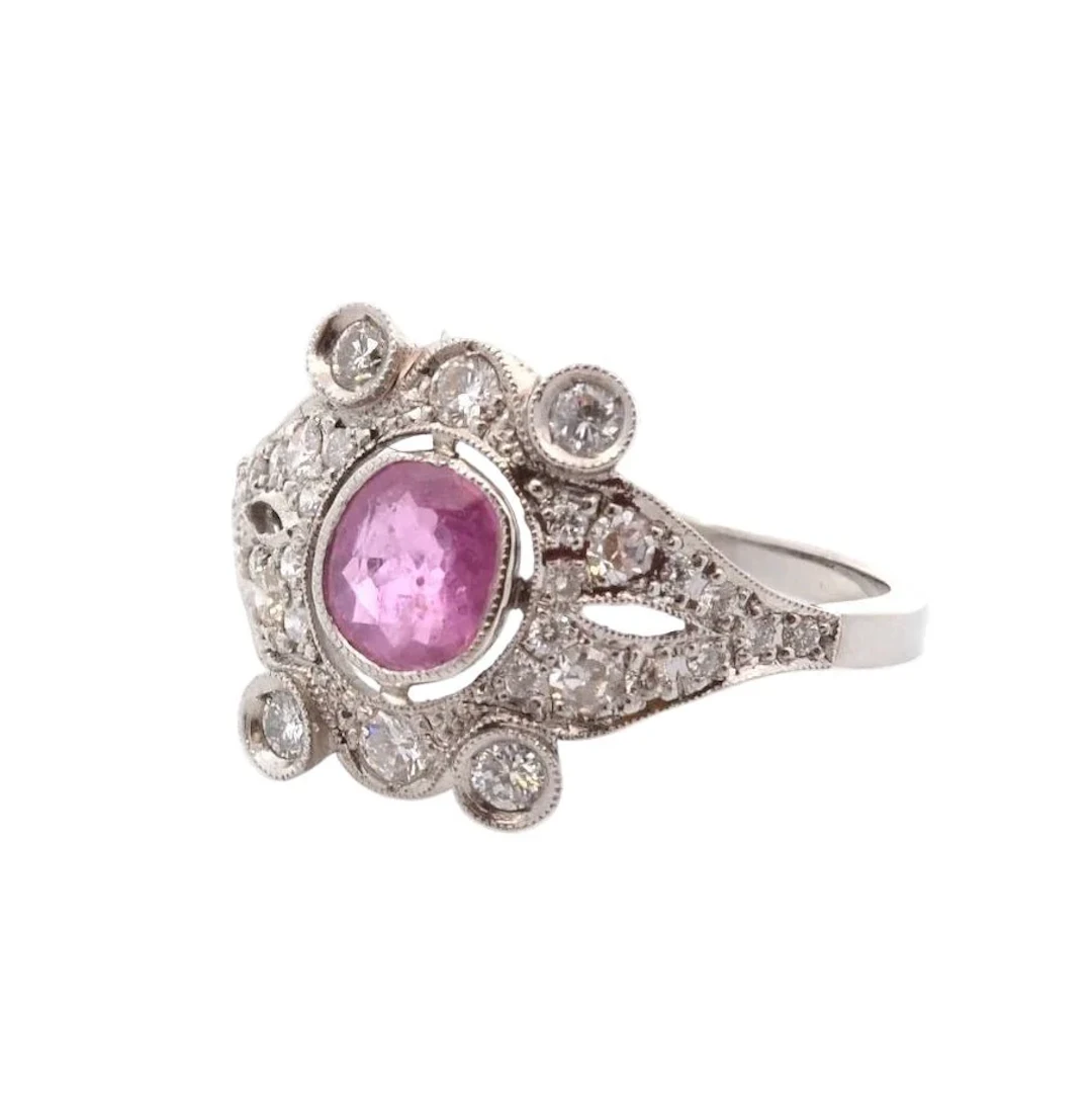 Platinum, ruby and diamond ring