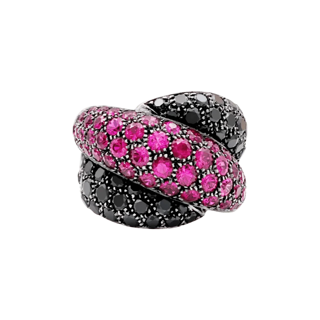 Bague Cocktail DAMIANI "Gomitolo" en or jaune, rubis et diamants