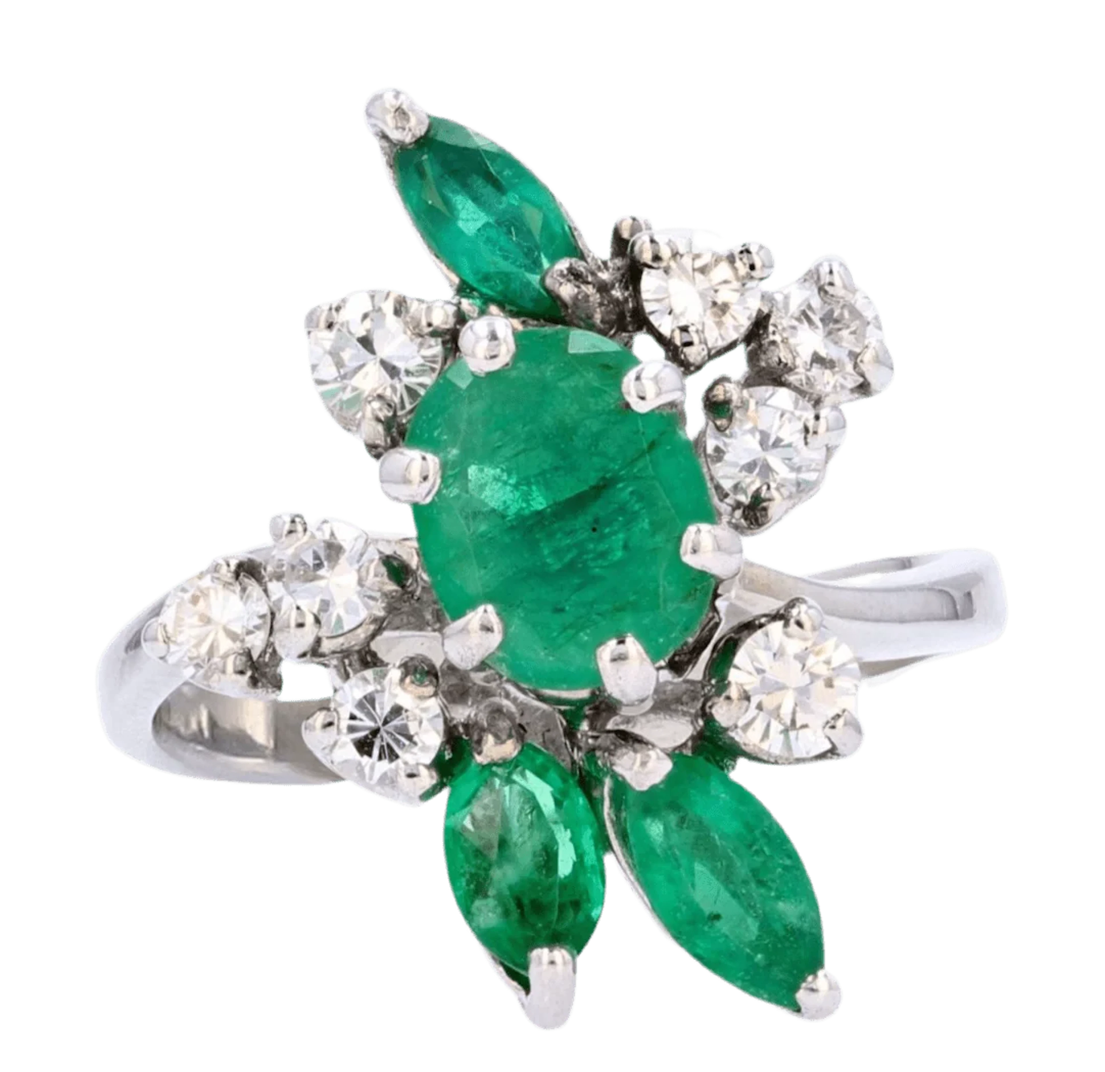 Cocktail ring in white gold, emeralds and diamonds