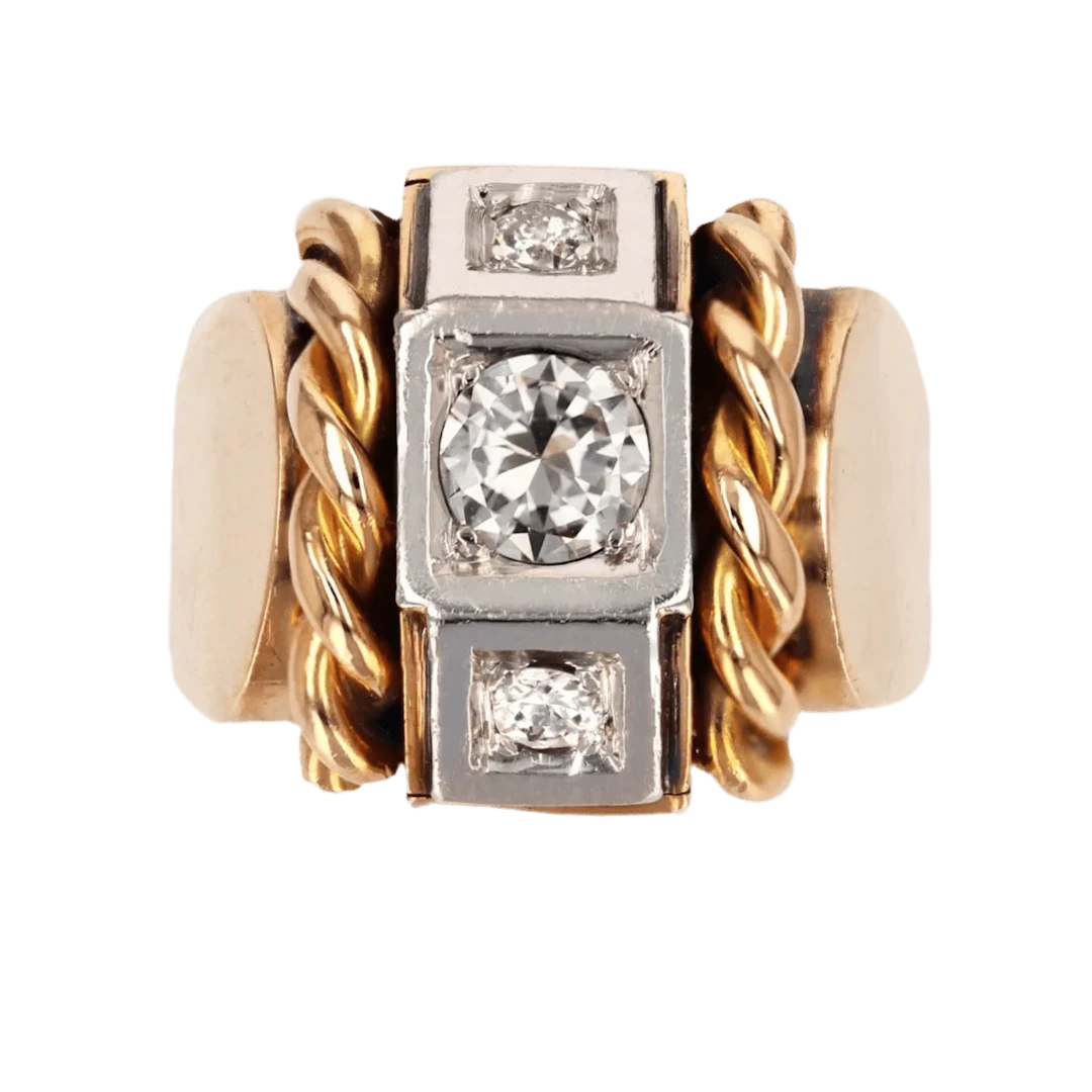 Tank ring in yellow gold, platinum and diamonds