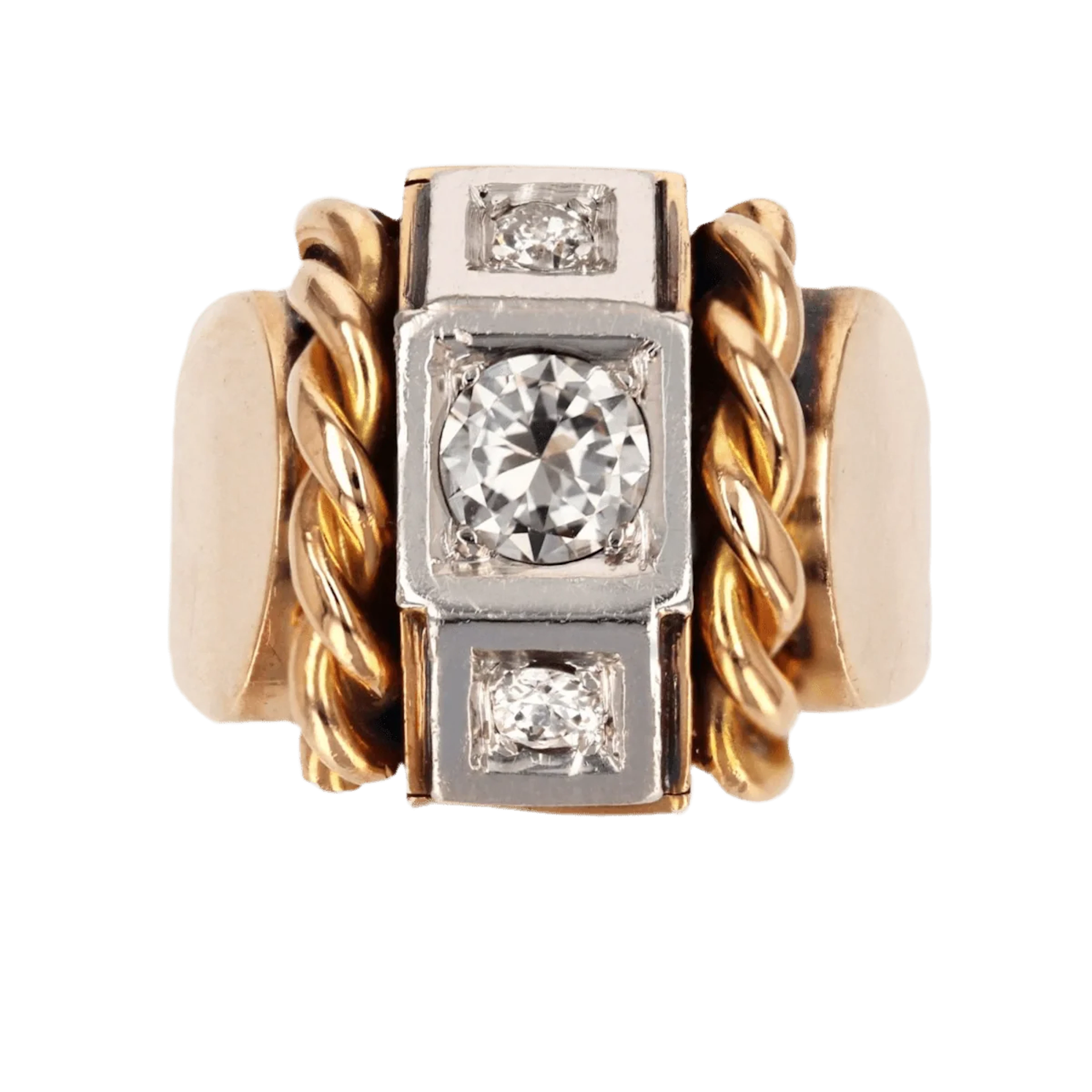Tank ring in yellow gold, platinum and diamonds