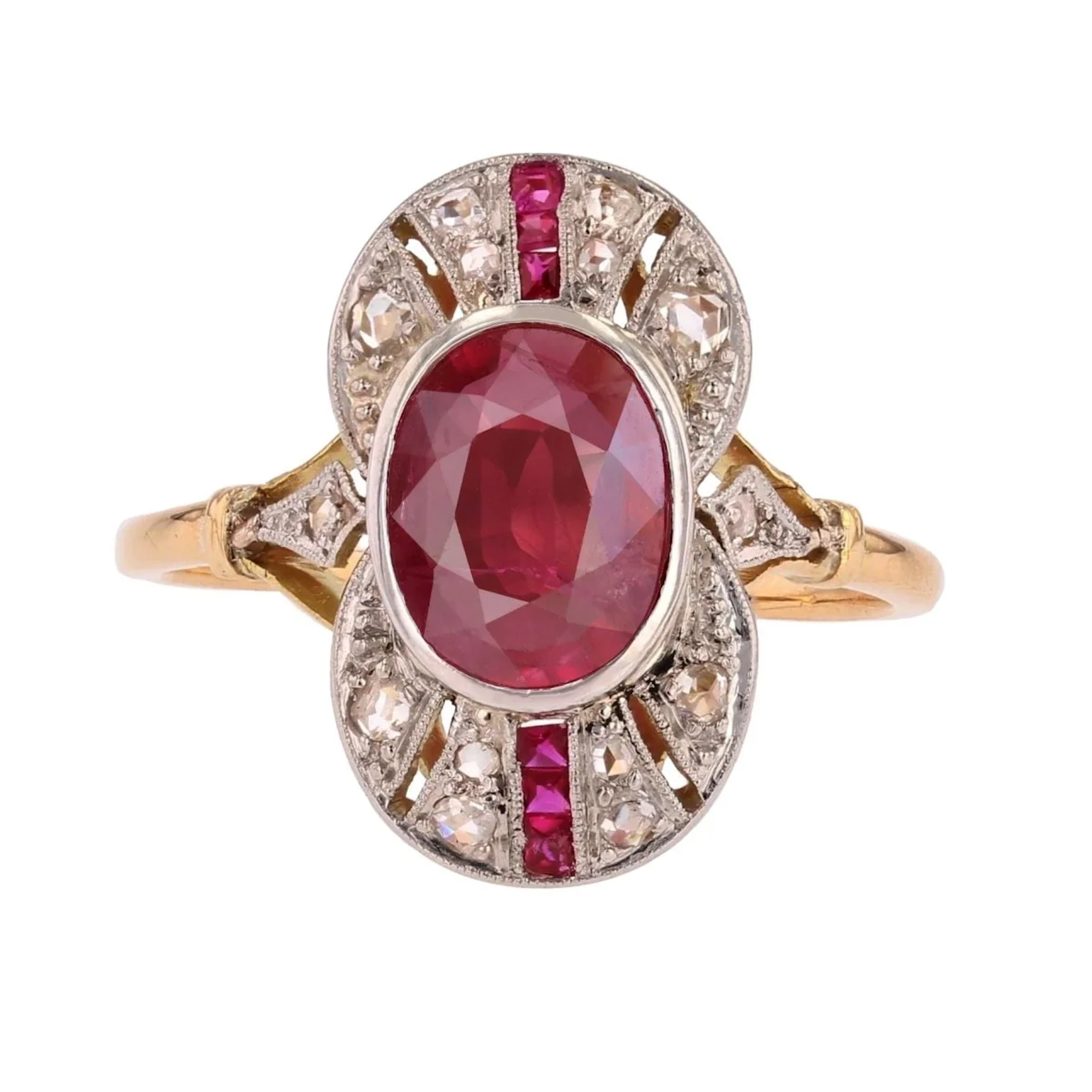 Marquise ring in yellow gold, platinum, rubies and diamonds