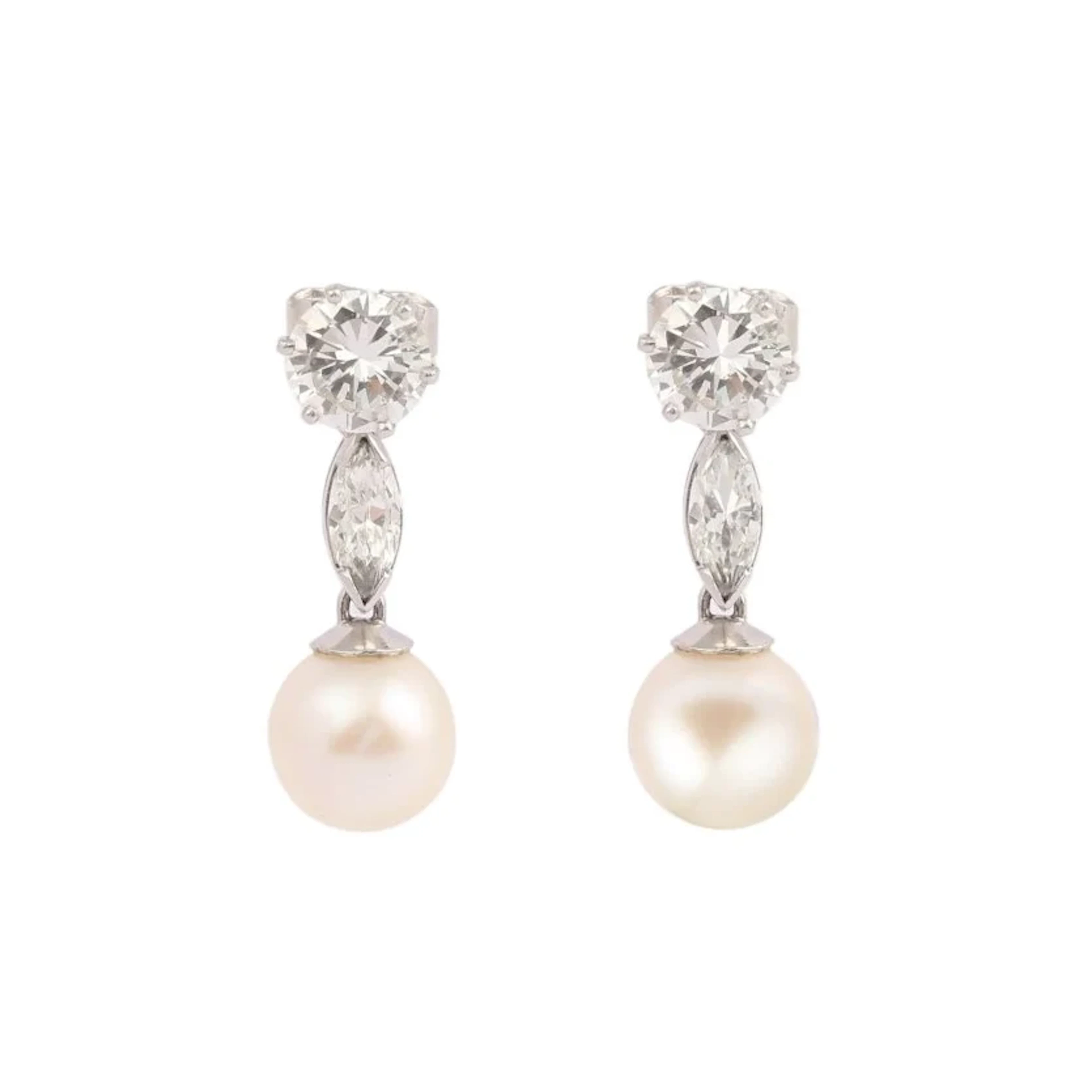 Dangle Stud Earrings in White Gold, Platinum, Pearls, and Diamonds