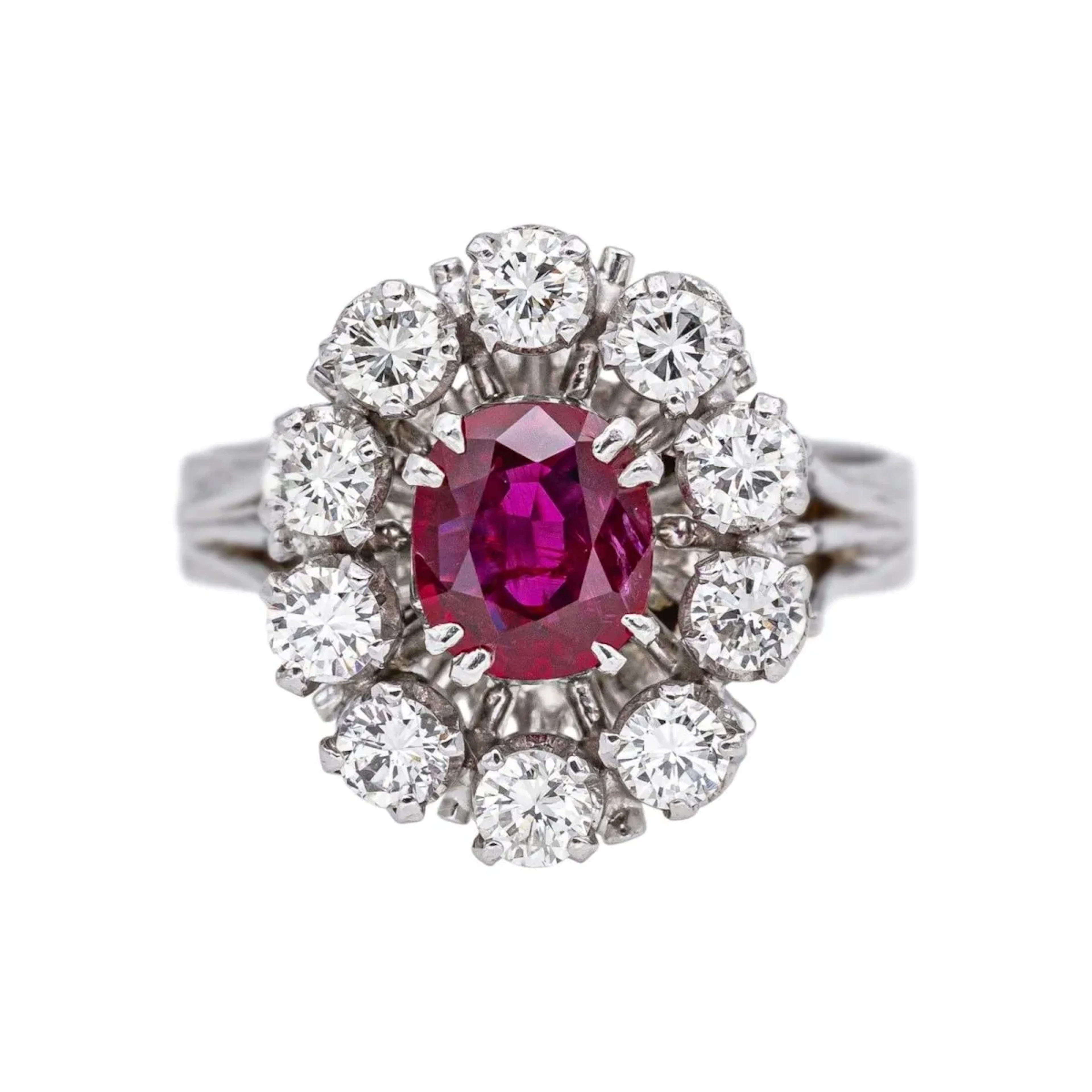 Ring Marguerite in white gold, paltinium, ruby and diamonds.