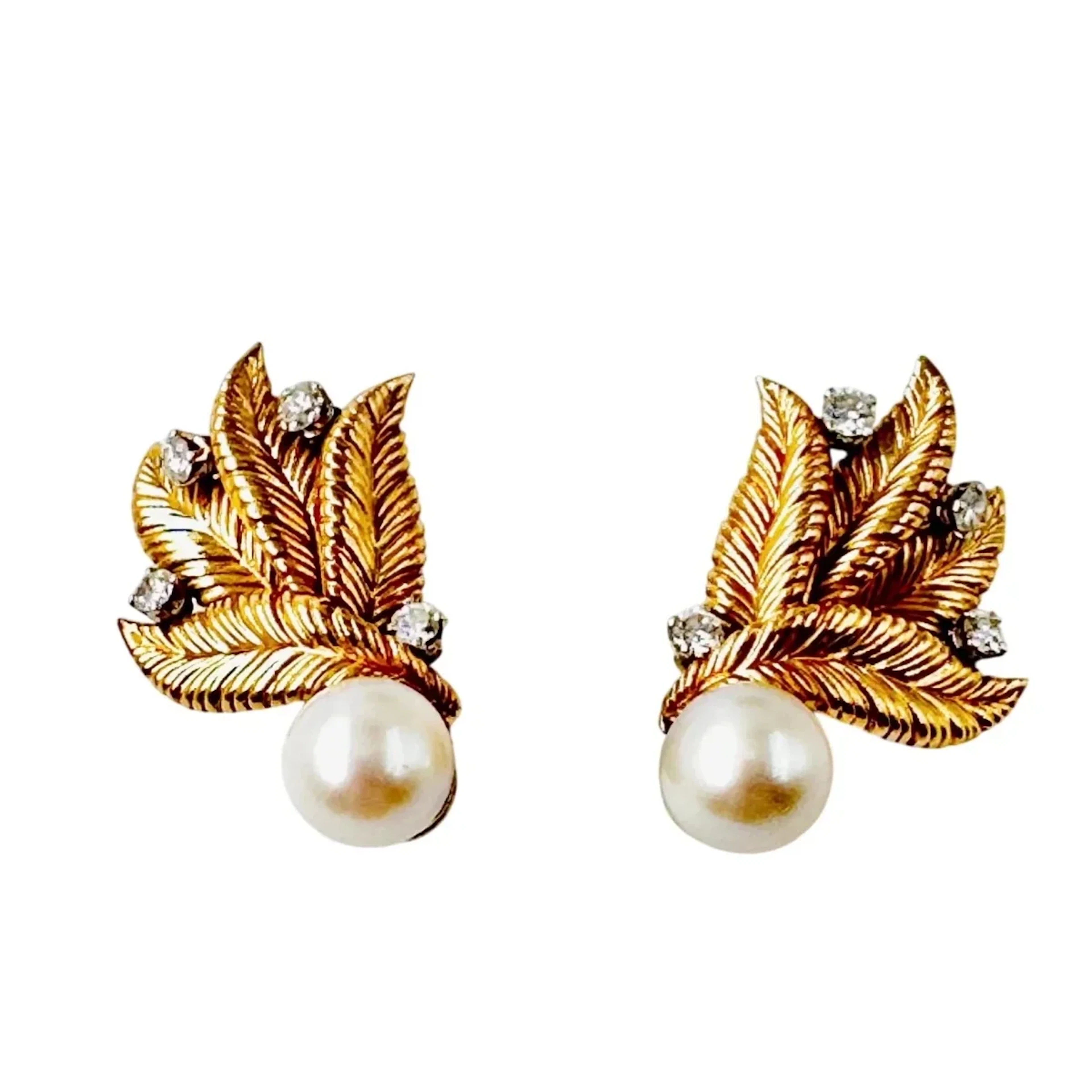 Feather Clip-On Earrings in Yellow Gold, Platinum, Pearls, and Diamonds