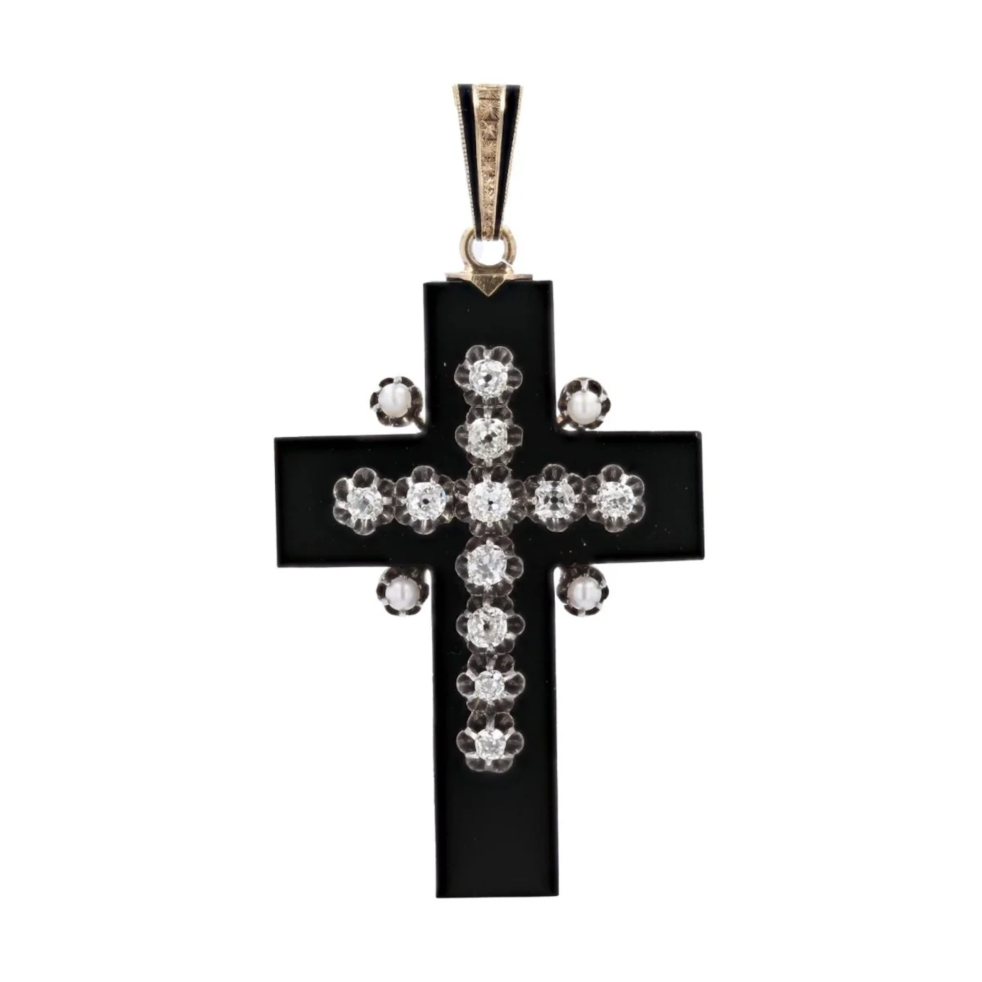 Pendentif en or jaune, argent, onyx, perles et diamants