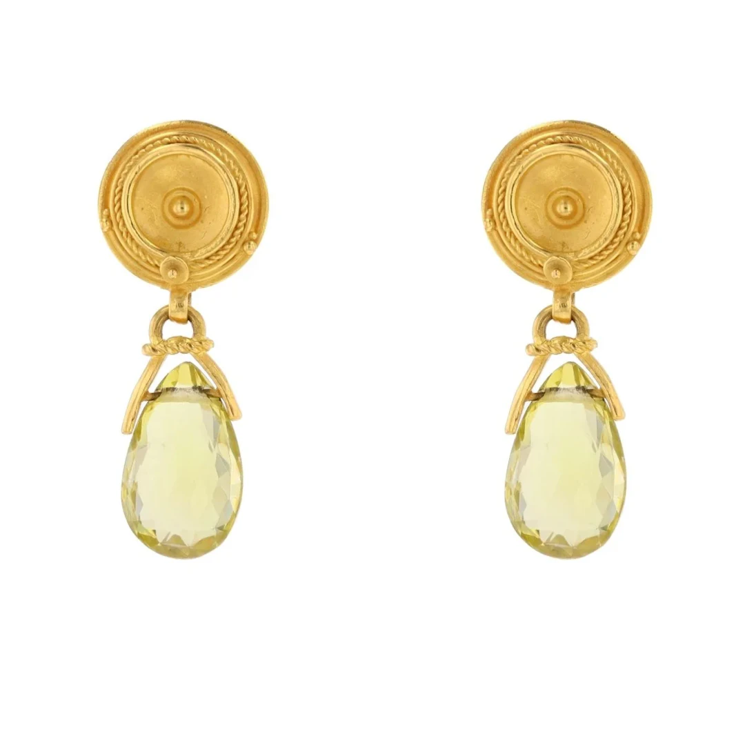 Earrings pendant in yellow gold and lemon quartz