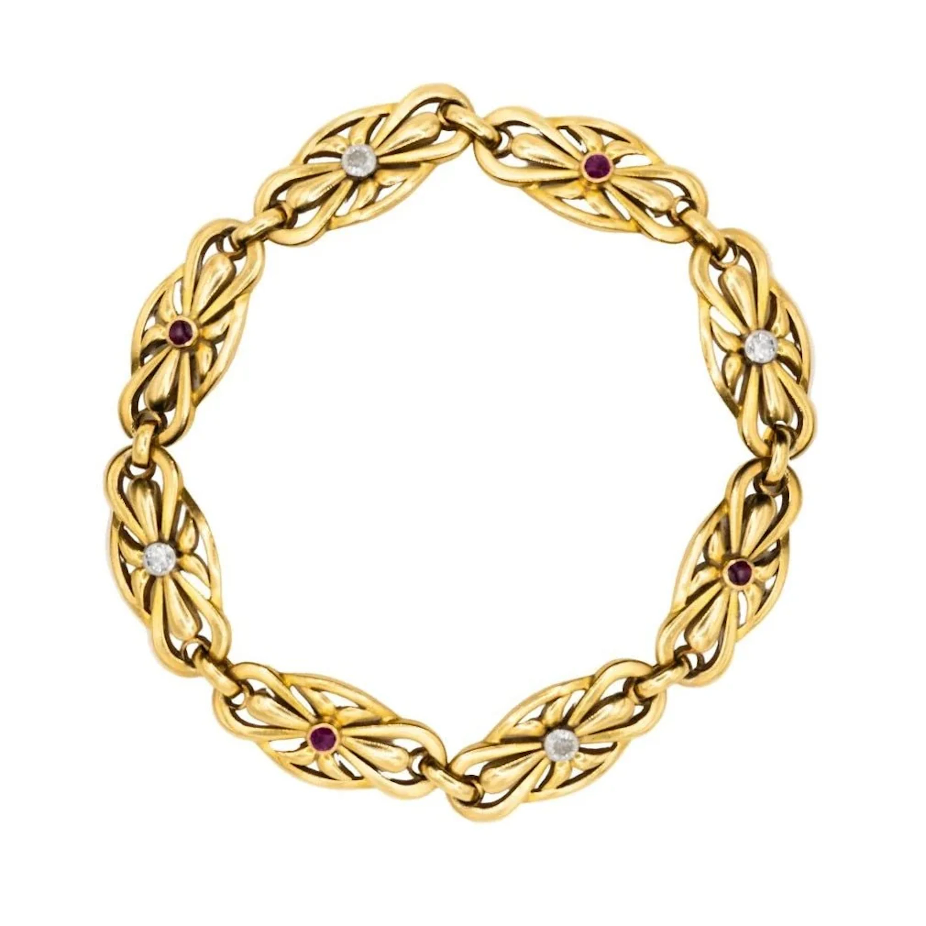 Maille bracelet in yellow gold, rubies and diamonds